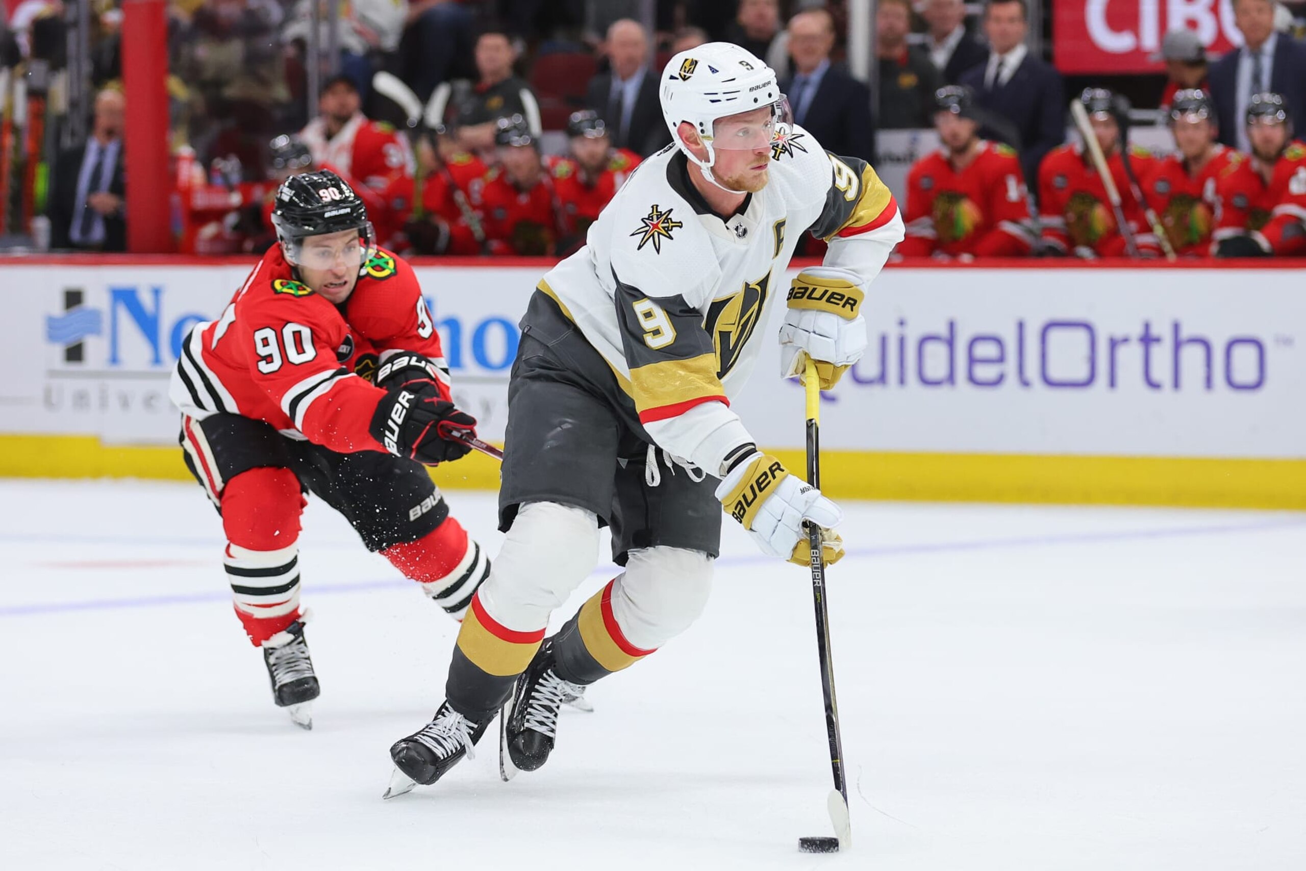 CHICAGO, ILLINOIS - OCTOBER 21: Jack Eichel #9 of the Vegas Golden Knights skates with the puck against the Chicago Blackhawks during the third period at the United Center on October 21, 2023 in Chicago, Illinois. (Photo by Michael Reaves/Getty Images)