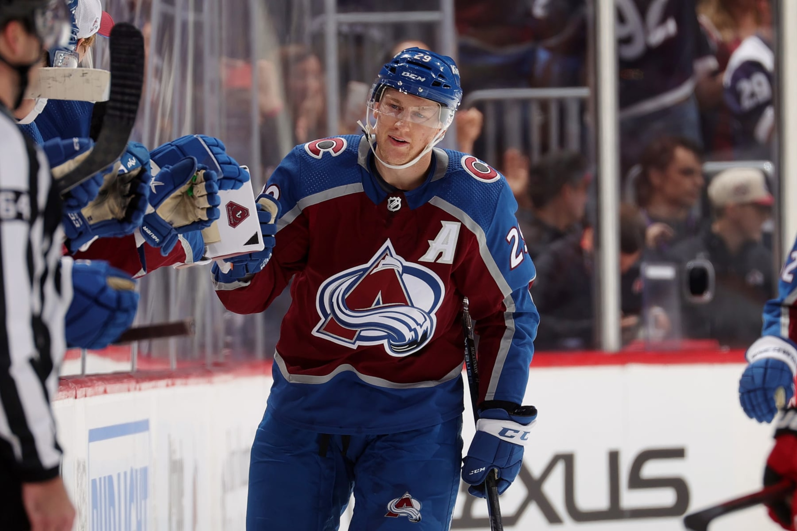 DENVER, COLORADO - OCTOBER 21: Nathan MacKinnon #29 of the Colorado Avalanche celebrates a goal against the Carolina Hurricanes at Ball Arena on October 21, 2023 in Denver, Colorado. (Photo by Michael Martin/NHLI via Getty Images)