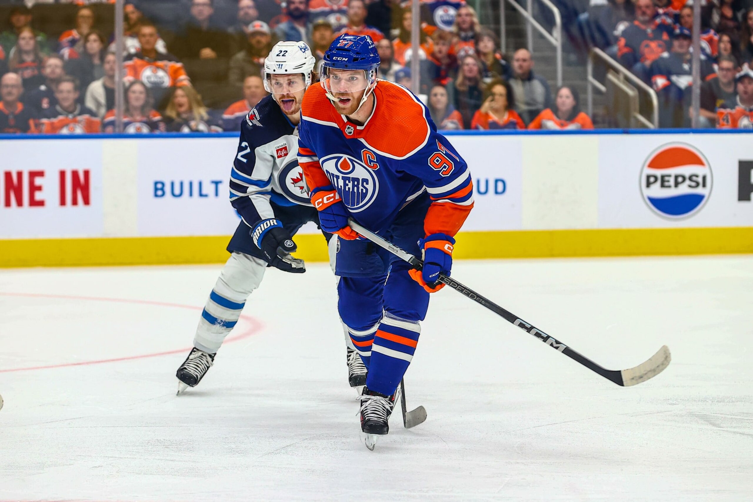 EDMONTON, AB - OCTOBER 21: Edmonton Oilers Center Connor McDavid (97) in action in the first period of the Edmonton Oilers game versus the Winnipeg Jets on October 21, 2023 at Rogers Place in Edmonton, AB. (Photo by Curtis Comeau/Icon Sportswire via Getty Images)