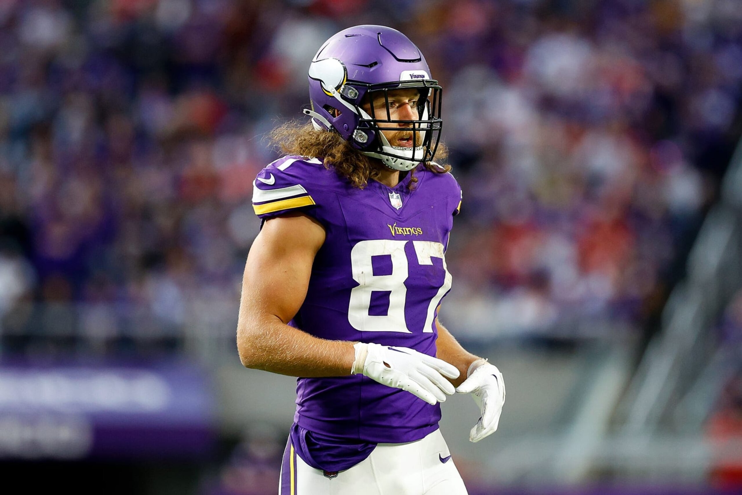 MINNEAPOLIS, MINNESOTA - OCTOBER 08: T.J. Hockenson #87 of the Minnesota Vikings looks on against the Kansas City Chiefs in the second half at U.S. Bank Stadium on October 08, 2023 in Minneapolis, Minnesota. The Chiefs defeated the Vikings 27-20. (Photo by David Berding/Getty Images)