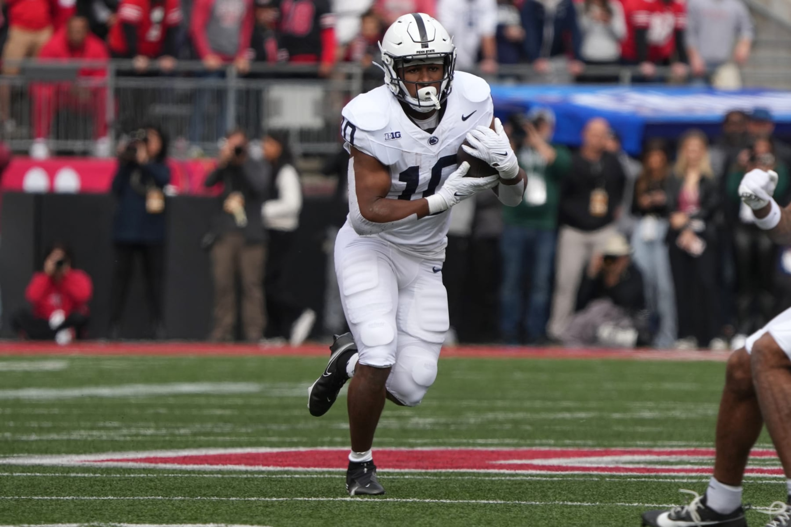 COLUMBUS, OH - OCTOBER 21: Running back Nicholas Singleton #10 of the Penn State Nittany Lions carries the ball during the game against the Ohio State Buckeyes at Ohio Stadium in Columbus, Ohio on October 21, 2023. (Photo by Jason Mowry/Icon Sportswire via Getty Images)