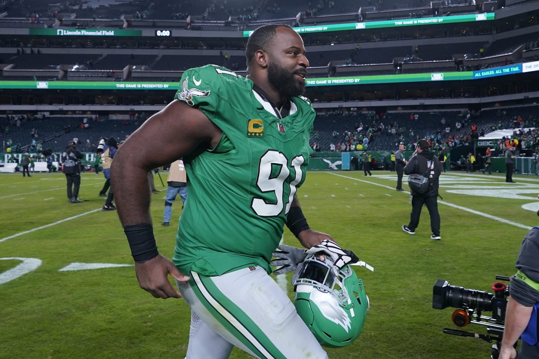Philadelphia Eagles defensive tackle Fletcher Cox (91) leaves the field after an NFL football game against the Miami Dolphins on Sunday, Oct. 22, 2023, in Philadelphia. (AP Photo/Matt Slocum)