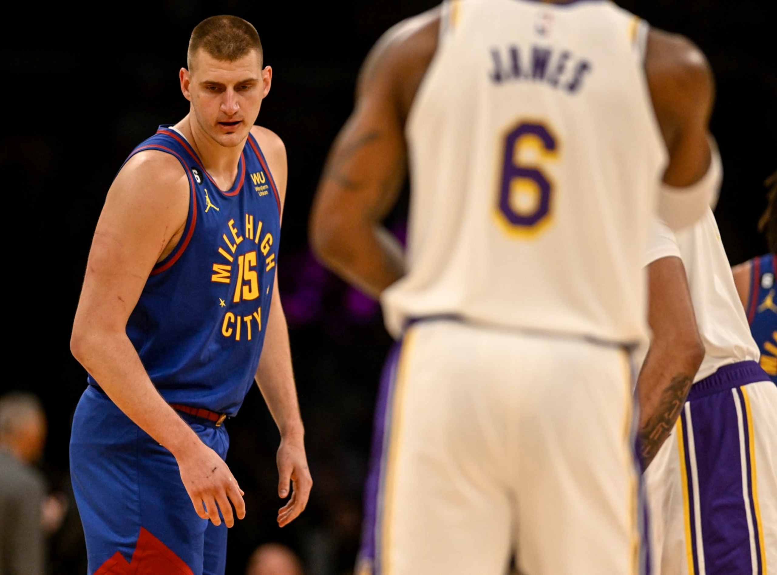 LOS ANGELES, CA - MAY 20: Nikola Jokic (15) of the Denver Nuggets prepares for tipoff as LeBron James (6) of the Los Angeles Lakers warms up before the first quarter of the Western Conference finals game 3 at Crypto.com Arena in Los Angeles on Saturday, May 20, 2023. (Photo by AAron Ontiveroz/The Denver Post) LOS ANGELES, CA - MAY 20: Nikola Jokic (15) of the Denver Nuggets prepares for tipoff as LeBron James (6) of the Los Angeles Lakers warms up before the first quarter of the Western Conference finals game 3 at Crypto.com Arena in Los Angeles on Saturday, May 20, 2023. (Photo by AAron Ontiveroz/The Denver Post)