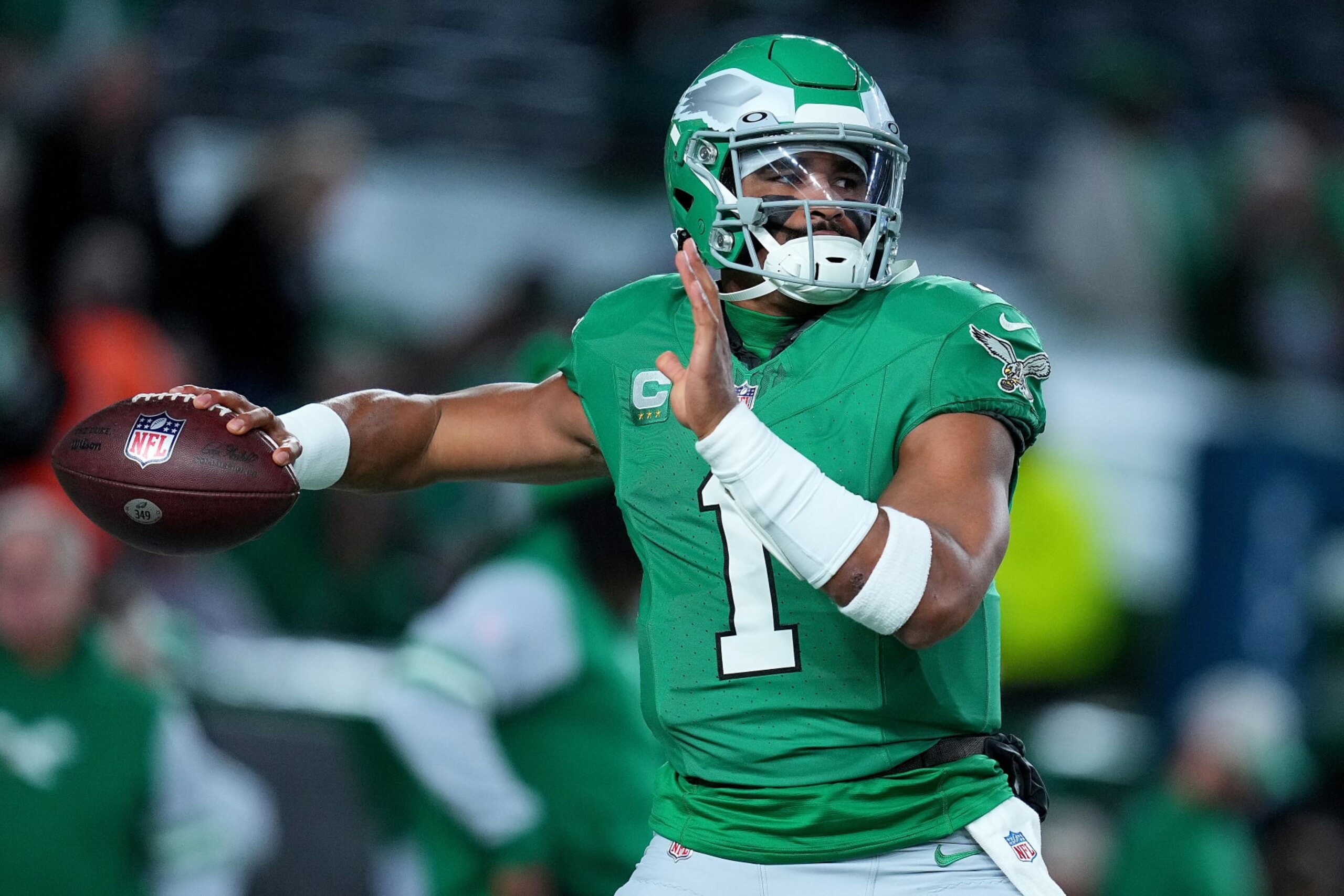 PHILADELPHIA, PENNSYLVANIA - OCTOBER 22: Jalen Hurts #1 of the Philadelphia Eagles warms up prior to a game against the Miami Dolphins at Lincoln Financial Field on October 22, 2023 in Philadelphia, Pennsylvania. (Photo by Mitchell Leff/Getty Images) PHILADELPHIA, PENNSYLVANIA - OCTOBER 22: Jalen Hurts #1 of the Philadelphia Eagles warms up prior to a game against the Miami Dolphins at Lincoln Financial Field on October 22, 2023 in Philadelphia, Pennsylvania. (Photo by Mitchell Leff/Getty Images)