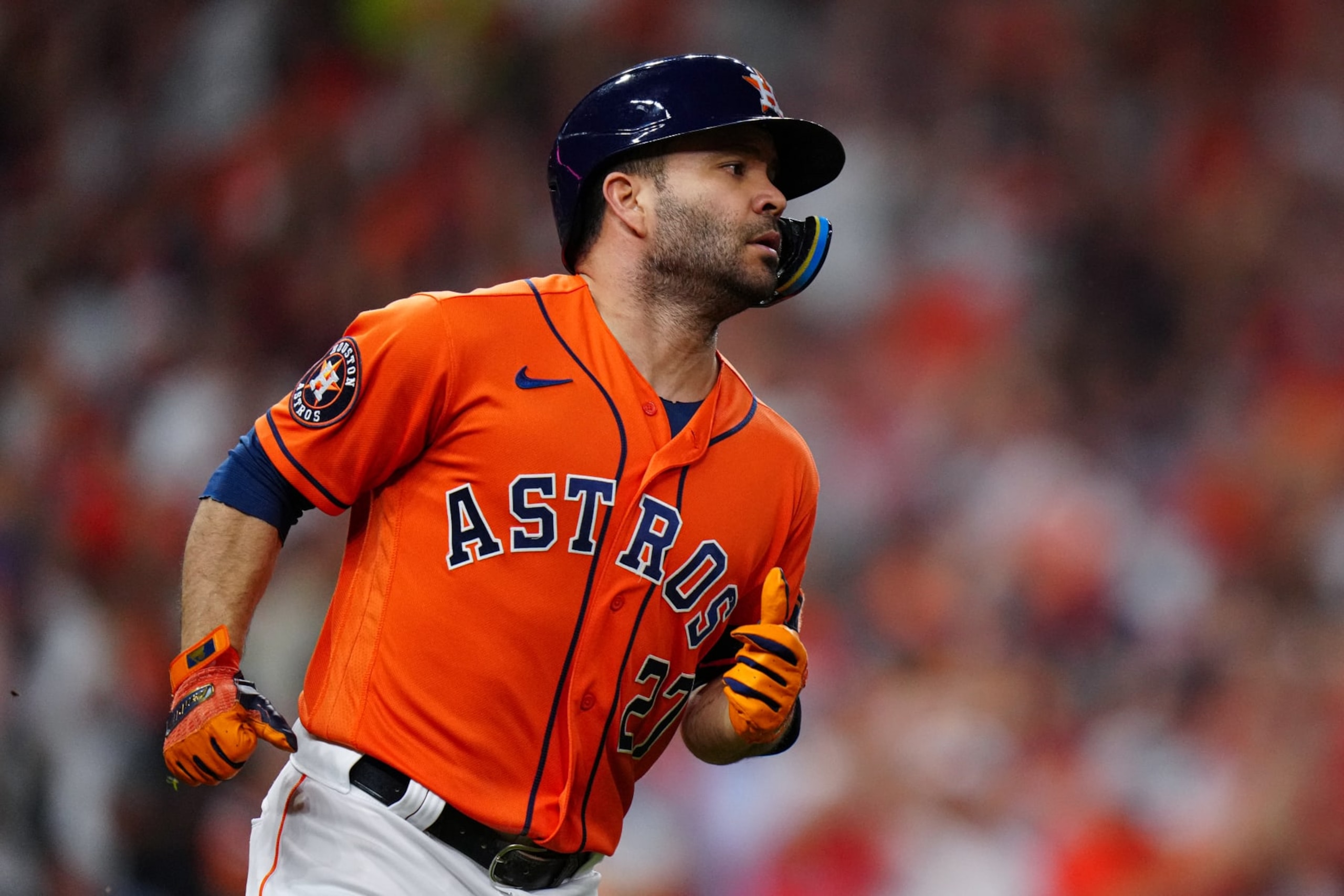 HOUSTON, TX - OCTOBER 22: Jose Altuve #27 of the Houston Astros runs the bases during Game 6 of the ALCS between the Texas Rangers and the Houston Astros at Minute Maid Park on Sunday, October 22, 2023 in Houston, Texas. (Photo by Daniel Shirey/MLB Photos via Getty Images)