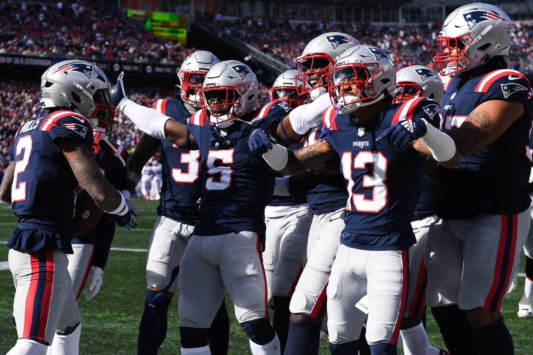 FOXBORO, MA - OCTOBER 22: Jabrill Peppers #5 of the New England Patriots celebrates with teammates after intercepting a pass during the first half against the Buffalo Bills at Gillette Stadium on October 22, 2023 in Foxboro, Massachusetts. (Photo by Kathryn Riley/Getty Images)