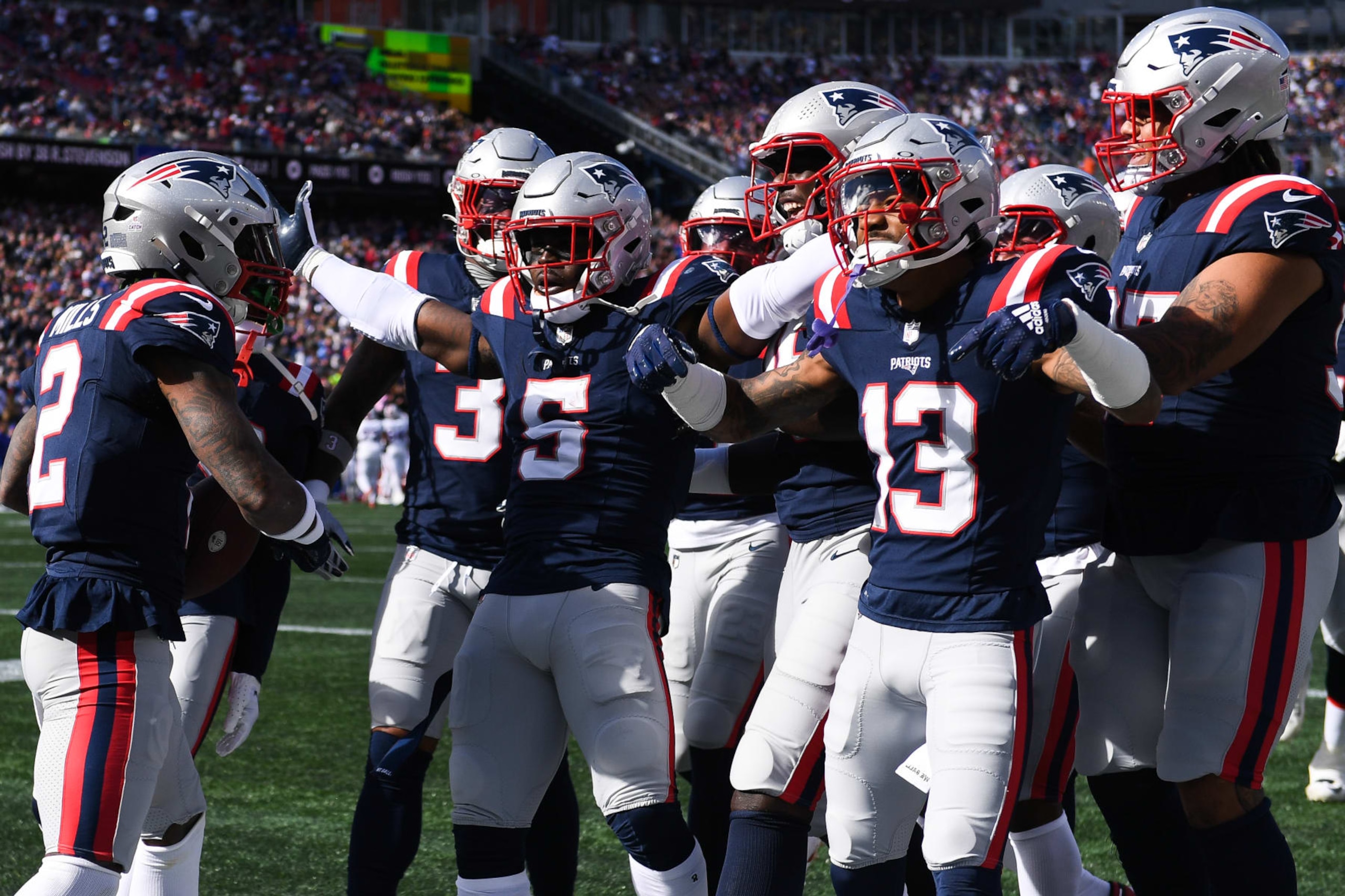 FOXBORO, MA - OCTOBER 22: Jabrill Peppers #5 of the New England Patriots celebrates with teammates after intercepting a pass during the first half against the Buffalo Bills at Gillette Stadium on October 22, 2023 in Foxboro, Massachusetts. (Photo by Kathryn Riley/Getty Images) FOXBORO, MA - OCTOBER 22: Jabrill Peppers #5 of the New England Patriots celebrates with teammates after intercepting a pass during the first half against the Buffalo Bills at Gillette Stadium on October 22, 2023 in Foxboro, Massachusetts. (Photo by Kathryn Riley/Getty Images)