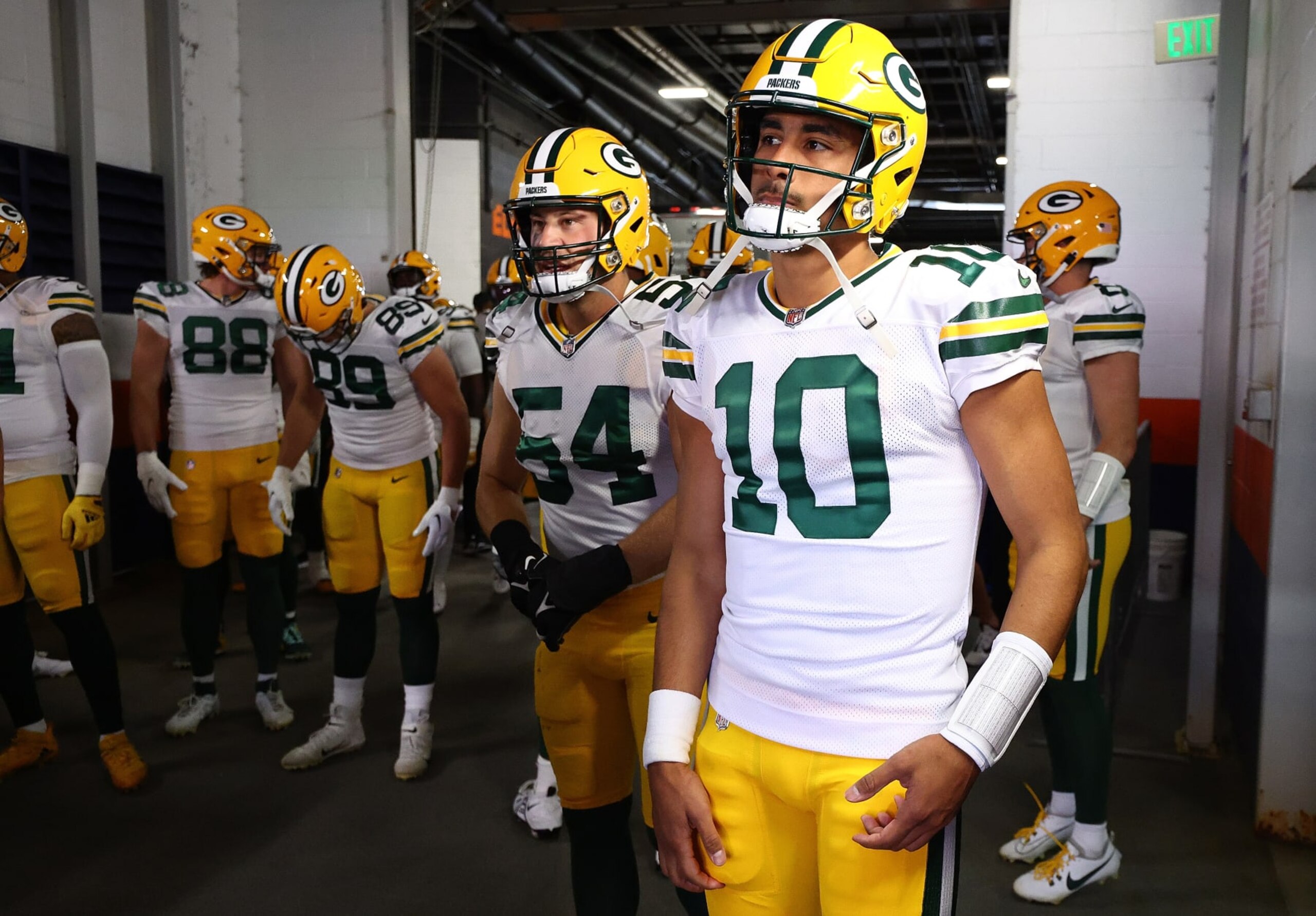 DENVER, COLORADO - OCTOBER 22: Jordan Love #10 of the Green Bay Packers stands in the tunnel before the game against the Denver Broncos at Empower Field At Mile High on October 22, 2023 in Denver, Colorado. (Photo by Jamie Schwaberow/Getty Images)