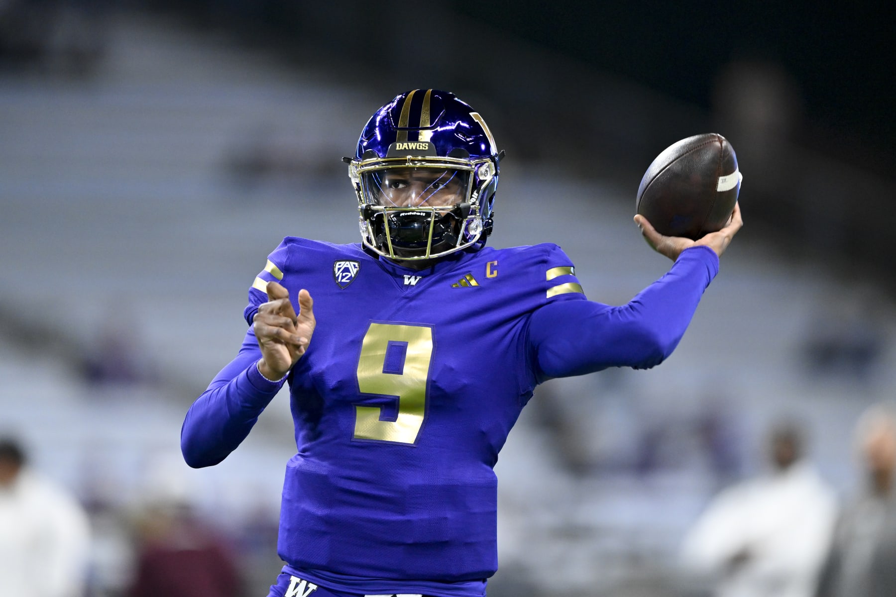 SEATTLE, WASHINGTON - OCTOBER 21: Michael Penix Jr. #9 of the Washington Huskies warms up before the game against the Arizona State Sun Devils at Husky Stadium on October 21, 2023 in Seattle, Washington. (Photo by Alika Jenner/Getty Images)