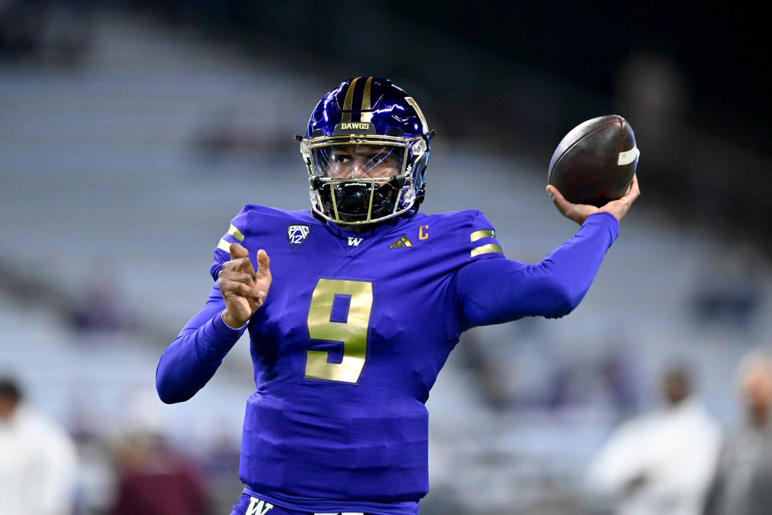 SEATTLE, WASHINGTON - OCTOBER 21: Michael Penix Jr. #9 of the Washington Huskies warms up before the game against the Arizona State Sun Devils at Husky Stadium on October 21, 2023 in Seattle, Washington. (Photo by Alika Jenner/Getty Images)