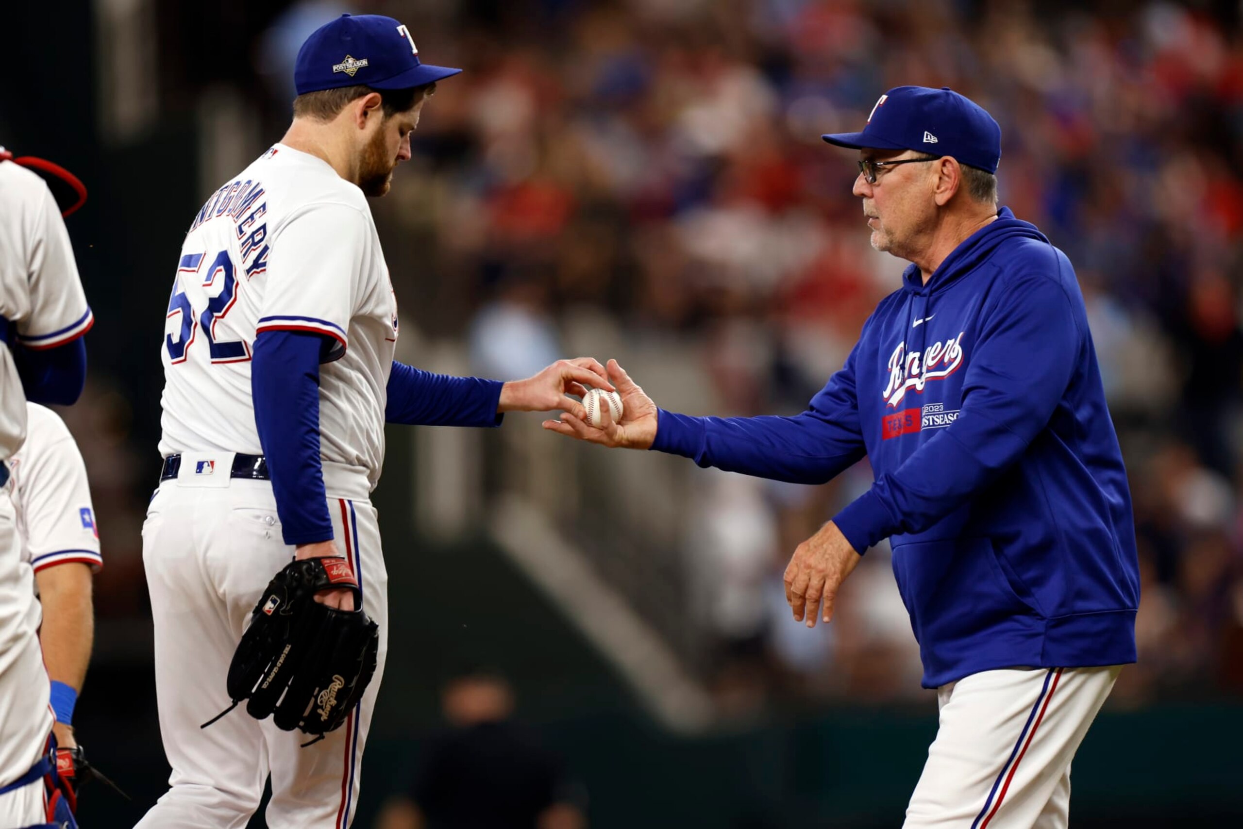 Texas' Bruce Bochy and Jordan Montgomery