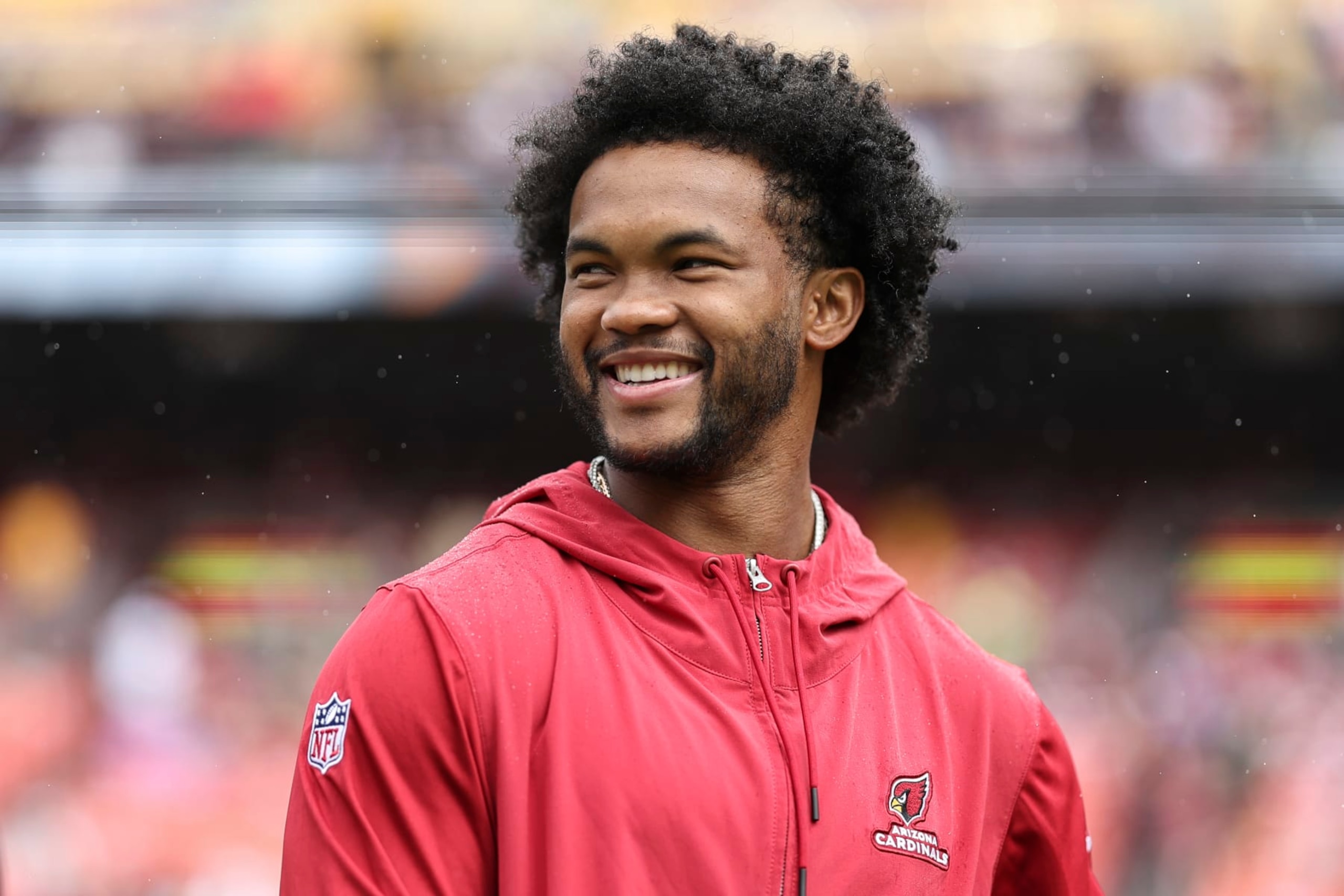 LANDOVER, MARYLAND - SEPTEMBER 10: Kyler Murray #1 of the Arizona Cardinals reacts prior to a game against the Washington Commanders at FedExField on September 10, 2023 in Landover, Maryland. (Photo by Michael Owens/Getty Images)