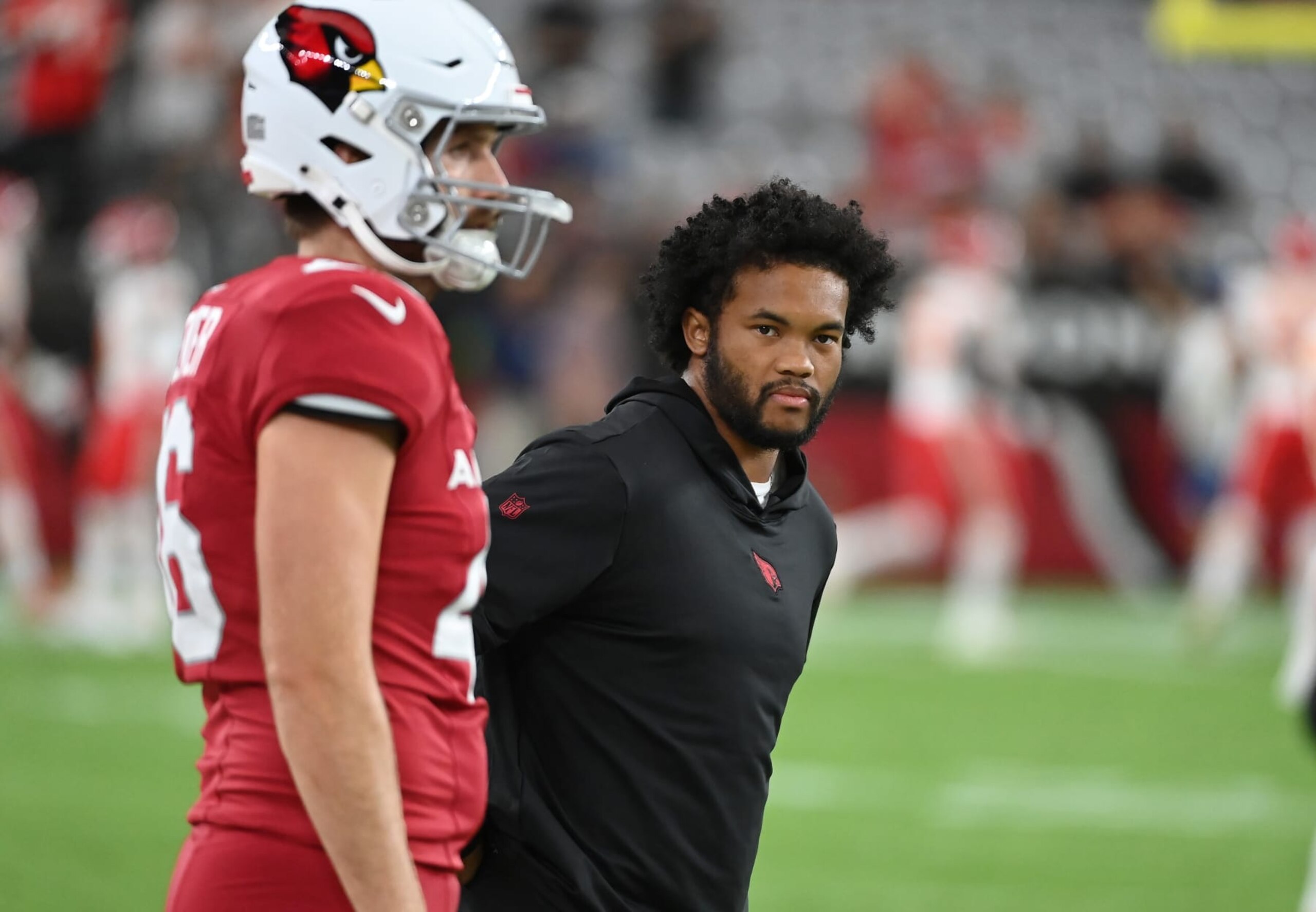 GLENDALE, ARIZONA - AUGUST 19: Kyler Murray #1 of the Arizona Cardinals stands on the field during warmups prior to a preseason game against the Kansas City Chiefs at State Farm Stadium on August 19, 2023 in Glendale, Arizona. (Photo by Norm Hall/Getty Images)