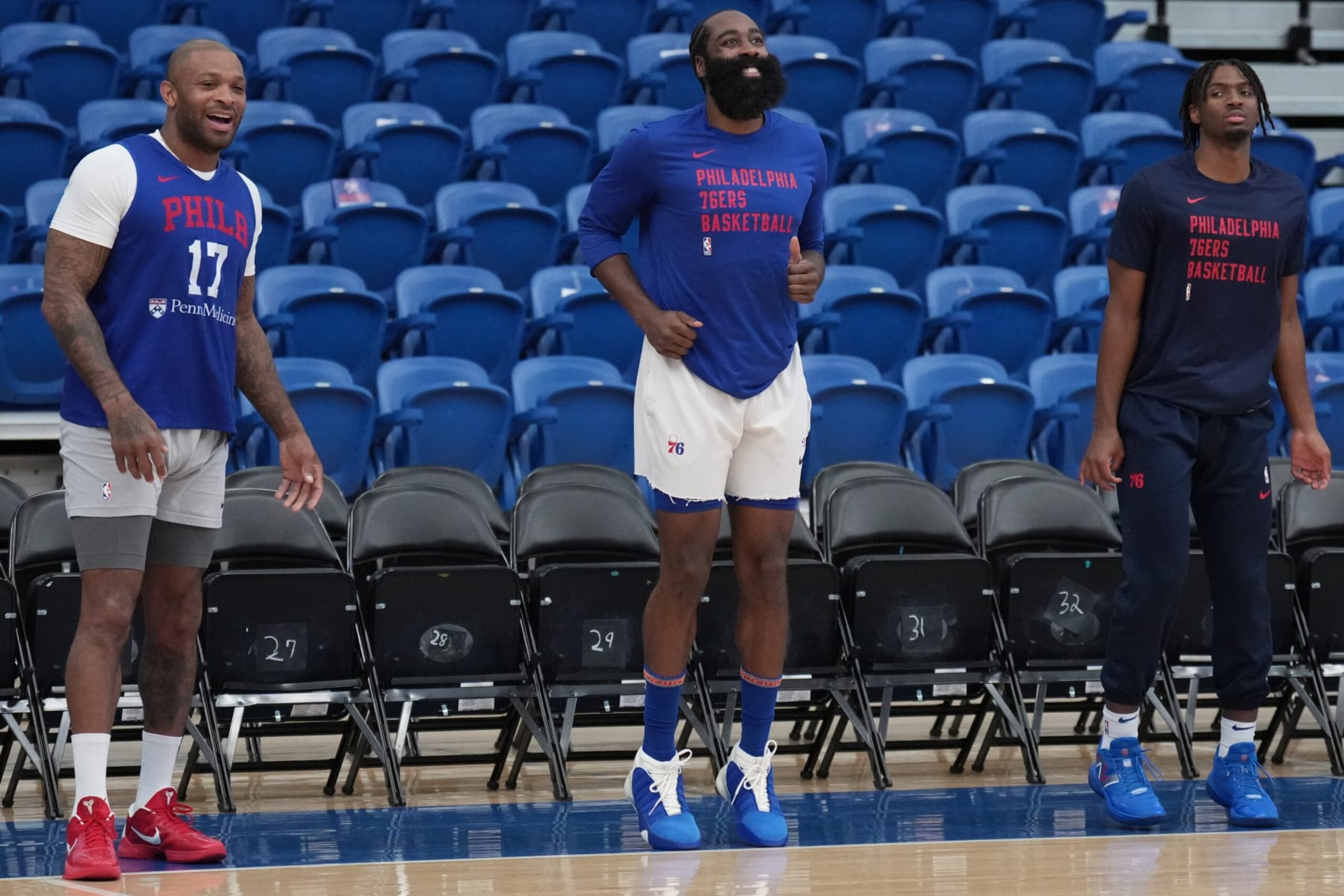 WILMINGTON, DE - OCTOBER 14: P.J. Tucker#17 James Harden #1 and Tyrese Maxey #0 of the Philadelphia 76ers during an open scrimmage on October 14, 2023 at Chase Fieldhouse in Wilmington, Delaware. NOTE TO USER: User expressly acknowledges and agrees that, by downloading and/or using this Photograph, user is consenting to the terms and conditions of the Getty Images License Agreement. Mandatory Copyright Notice: Copyright 2023 NBAE (Photo by Jesse D. Garrabrant/NBAE via Getty Images)