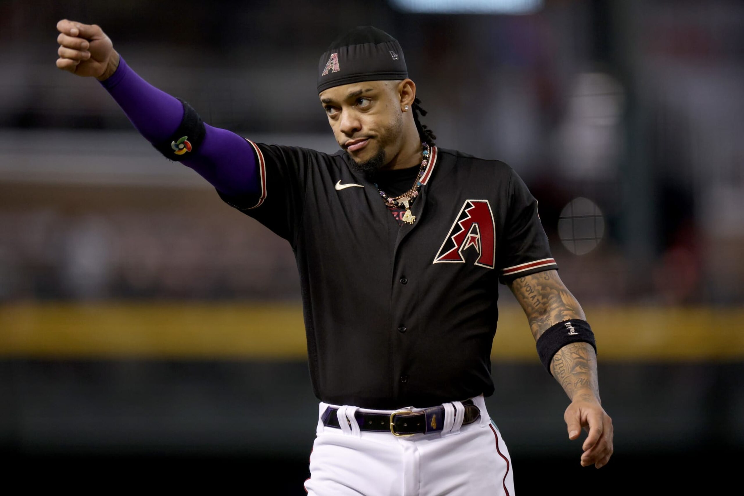 PHOENIX, ARIZONA - OCTOBER 20: Ketel Marte #4 of the Arizona Diamondbacks gestures before Game Four of the National League Championship Series against the Philadelphia Phillies at Chase Field on October 20, 2023 in Phoenix, Arizona. (Photo by Harry How/Getty Images)