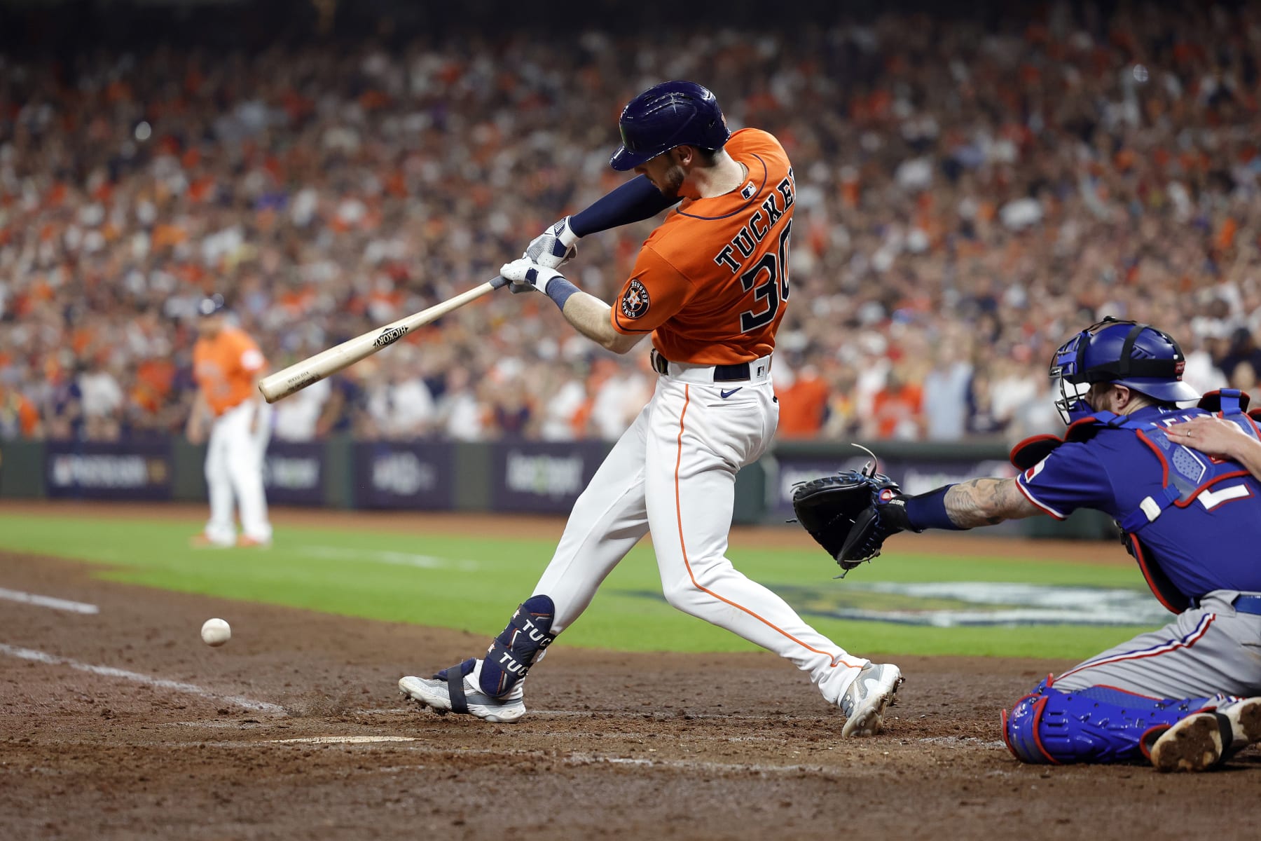 HOUSTON, TEXAS - OCTOBER 22: Kyle Tucker #30 of the Houston Astros hits a base hit against Nathan Eovaldi #17 of the Texas Rangers during the sixth inning in Game Six of the American League Championship Series at Minute Maid Park on October 22, 2023 in Houston, Texas. (Photo by Carmen Mandato/Getty Images)