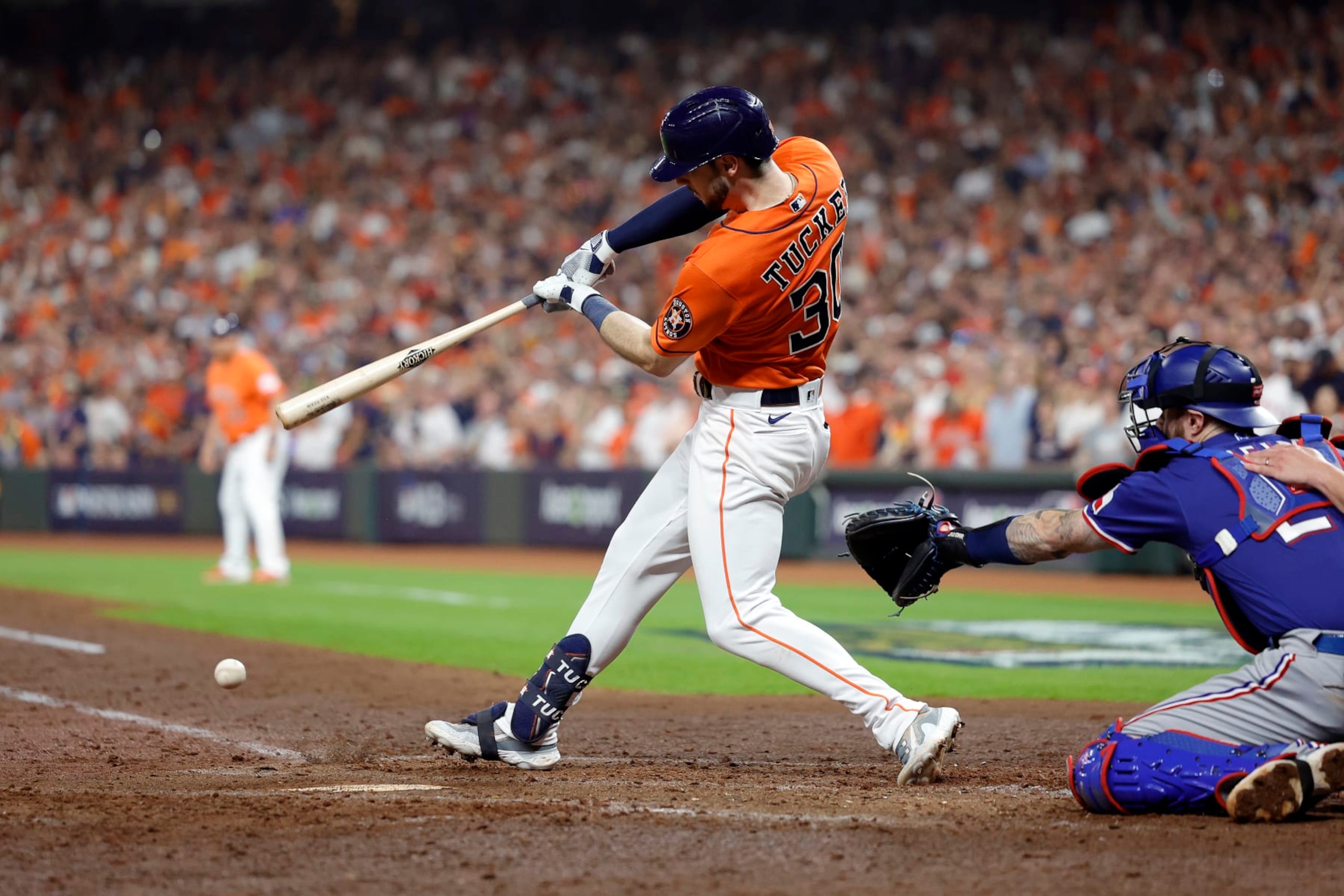 HOUSTON, TEXAS - OCTOBER 22: Kyle Tucker #30 of the Houston Astros hits a base hit against Nathan Eovaldi #17 of the Texas Rangers during the sixth inning in Game Six of the American League Championship Series at Minute Maid Park on October 22, 2023 in Houston, Texas. (Photo by Carmen Mandato/Getty Images)
