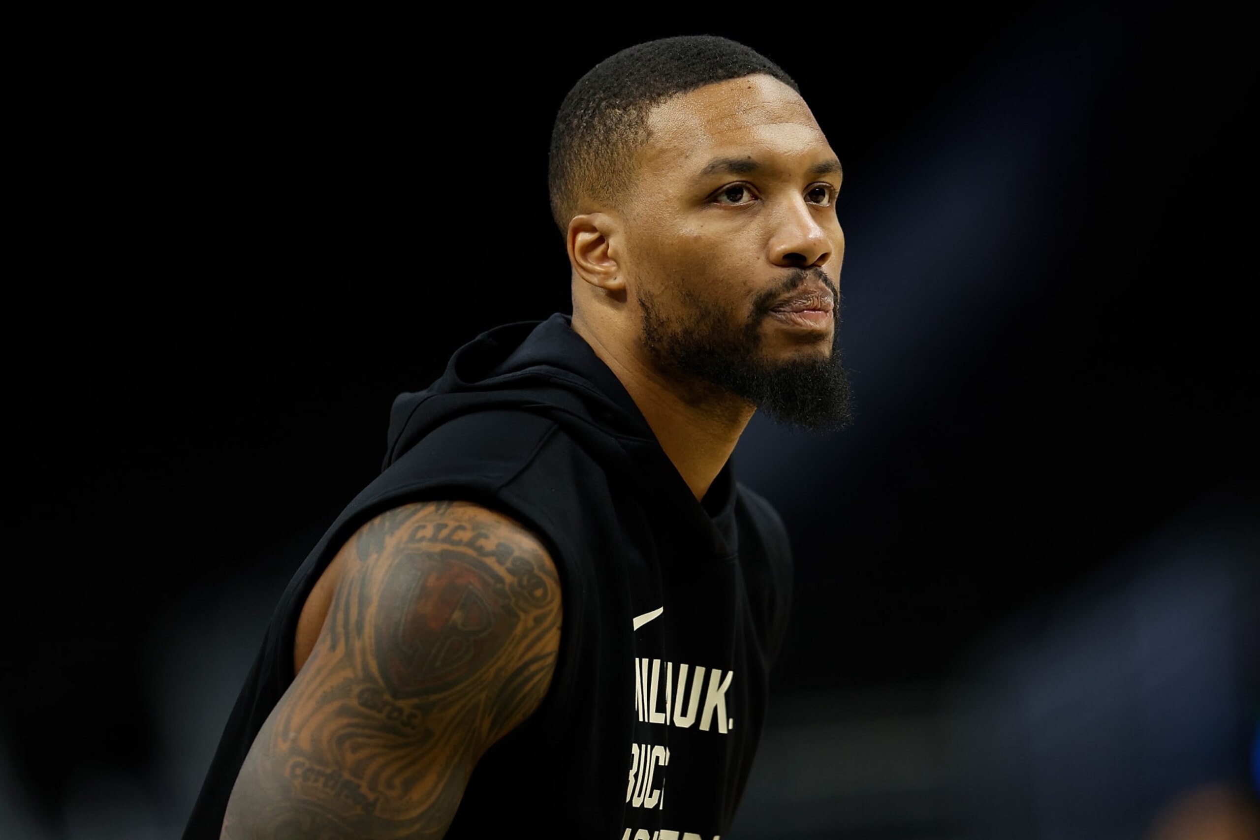 MILWAUKEE, WISCONSIN - OCTOBER 20: Damian Lillard #0 of the Milwaukee Bucks works out before the preseason game against the Memphis Grizzlies at Fiserv Forum on October 20, 2023 in Milwaukee, Wisconsin. NOTE TO USER: User expressly acknowledges and agrees that, by downloading and or using this photograph, User is consenting to the terms and conditions of the Getty Images License Agreement. (Photo by John Fisher/Getty Images)