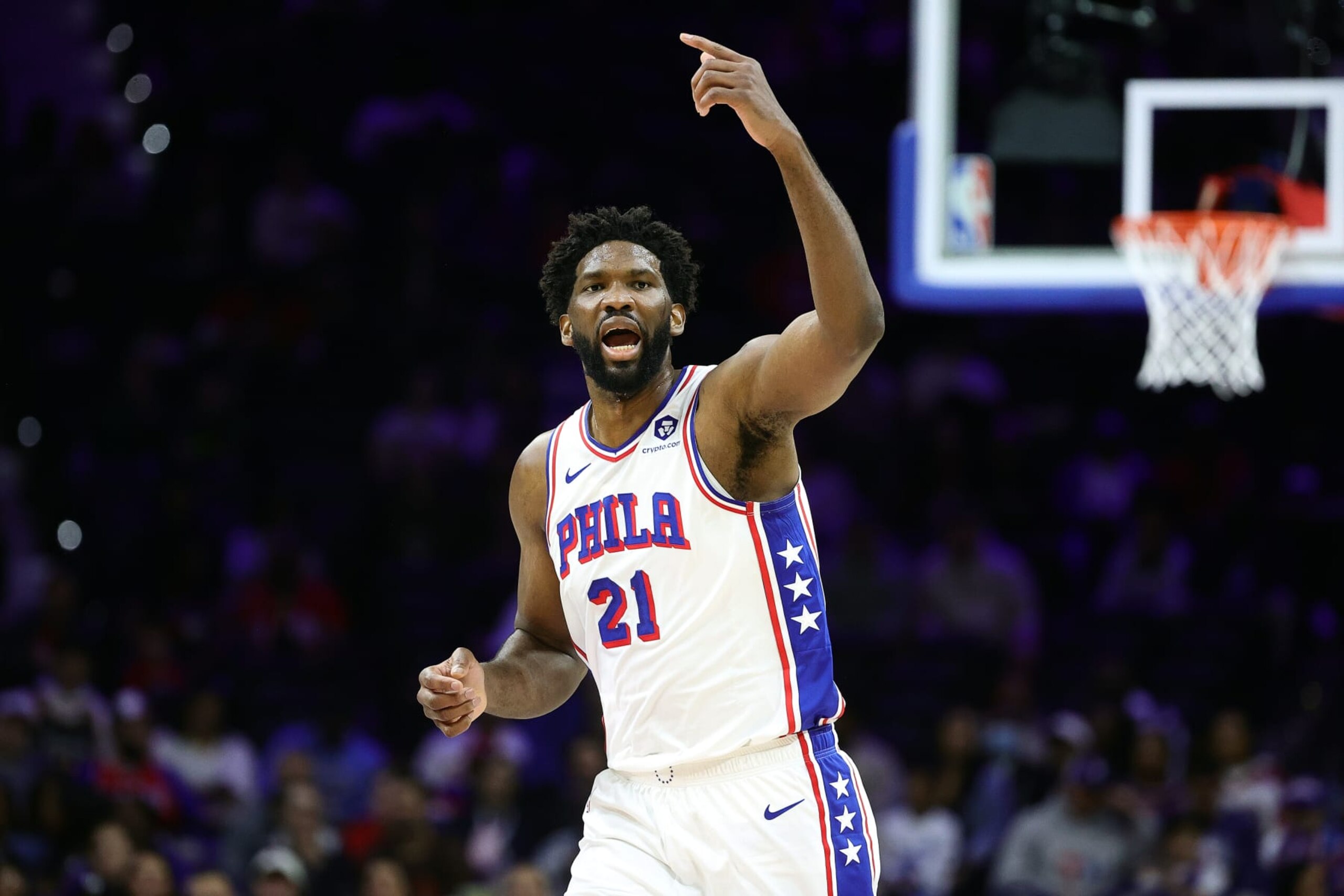 PHILADELPHIA, PENNSYLVANIA - OCTOBER 20: Joel Embiid #21 of the Philadelphia 76ers reacts during the first quarter against the Atlanta Hawks at the Wells Fargo Center on October 20, 2023 in Philadelphia, Pennsylvania. NOTE TO USER: User expressly acknowledges and agrees that, by downloading and or using this photograph, User is consenting to the terms and conditions of the Getty Images License Agreement. (Photo by Tim Nwachukwu/Getty Images) PHILADELPHIA, PENNSYLVANIA - OCTOBER 20: Joel Embiid #21 of the Philadelphia 76ers reacts during the first quarter against the Atlanta Hawks at the Wells Fargo Center on October 20, 2023 in Philadelphia, Pennsylvania. NOTE TO USER: User expressly acknowledges and agrees that, by downloading and or using this photograph, User is consenting to the terms and conditions of the Getty Images License Agreement. (Photo by Tim Nwachukwu/Getty Images)