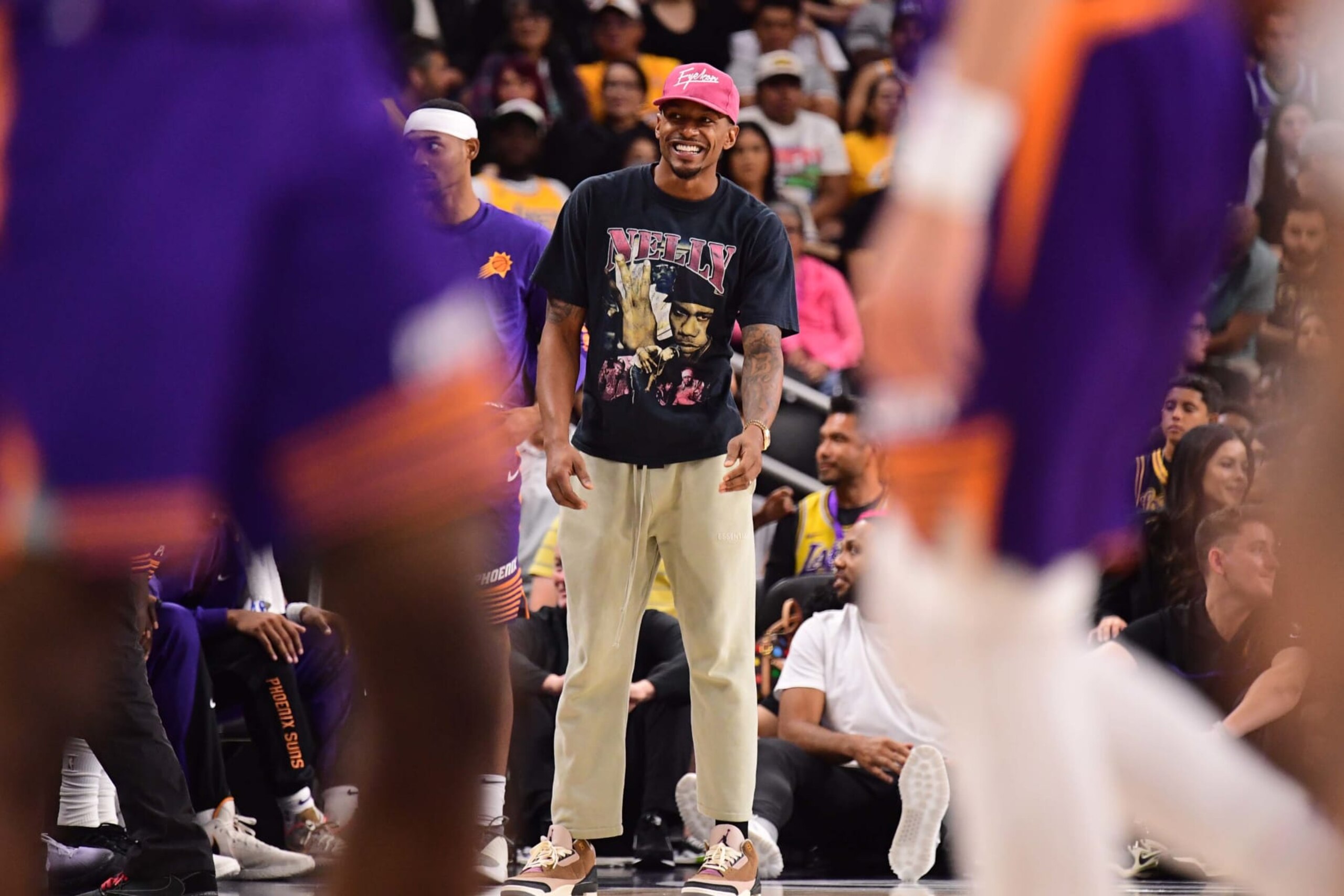 PALM SPRINGS, CA - OCTOBER 19: Bradley Beal #3 of the Phoenix Suns smiles during the game against the Los Angeles Lakers on October 19, 2023 at the Acrisure Arena in Palm Springs, California. NOTE TO USER: User expressly acknowledges and agrees that, by downloading and/or using this Photograph, user is consenting to the terms and conditions of the Getty Images License Agreement. Mandatory Copyright Notice: Copyright 2023 NBAE (Photo by Adam Pantozzi/NBAE via Getty Images)