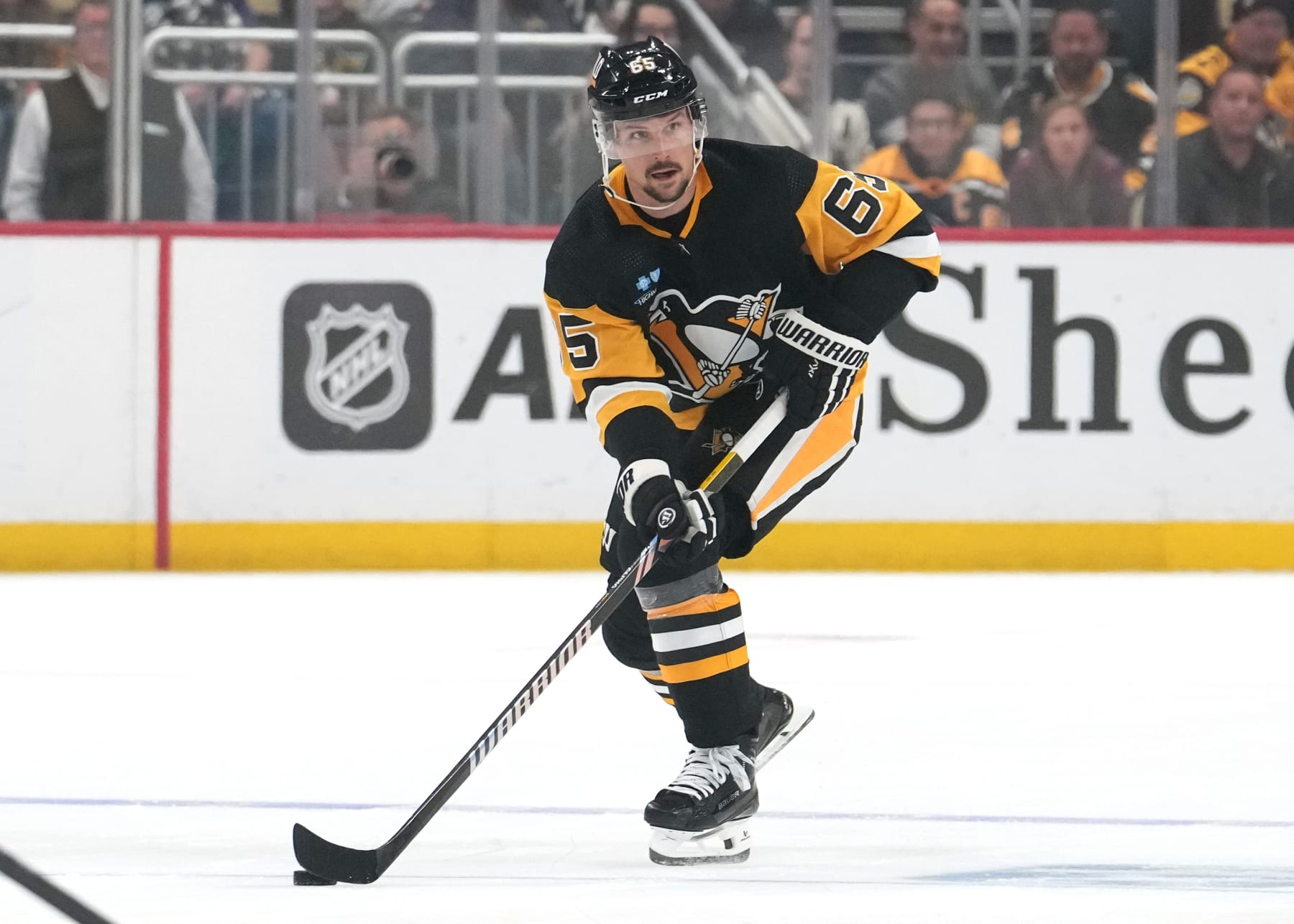 PITTSBURGH, PENNSYLVANIA - OCTOBER 14: Erik Karlsson #65 of the Pittsburgh Penguins skates during the first period against the Calgary Flames at PPG PAINTS Arena on October 14, 2023 in Pittsburgh, Pennsylvania. (Photo by Jason Mowry/Getty Images)