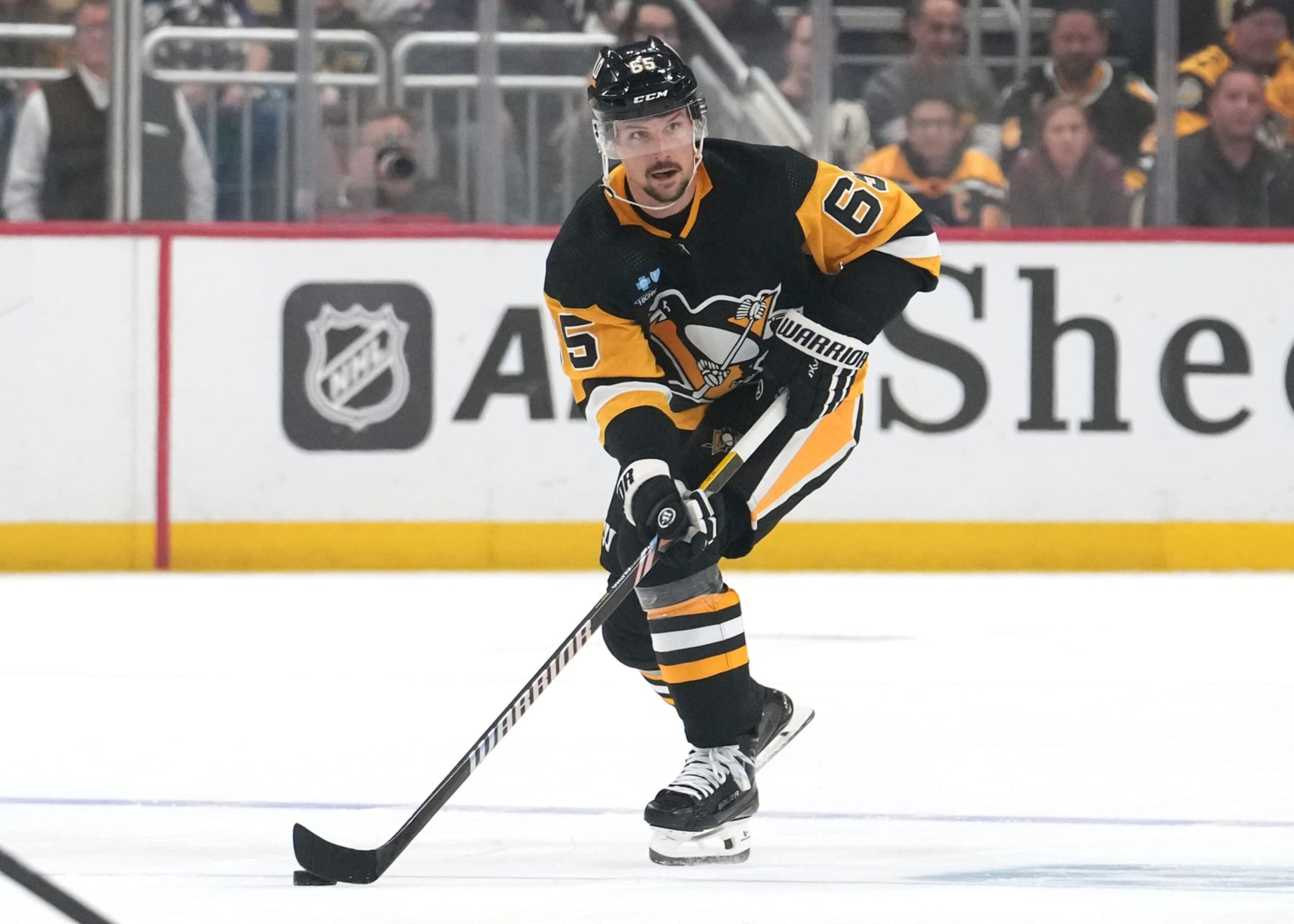 PITTSBURGH, PENNSYLVANIA - OCTOBER 14: Erik Karlsson #65 of the Pittsburgh Penguins skates during the first period against the Calgary Flames at PPG PAINTS Arena on October 14, 2023 in Pittsburgh, Pennsylvania. (Photo by Jason Mowry/Getty Images)