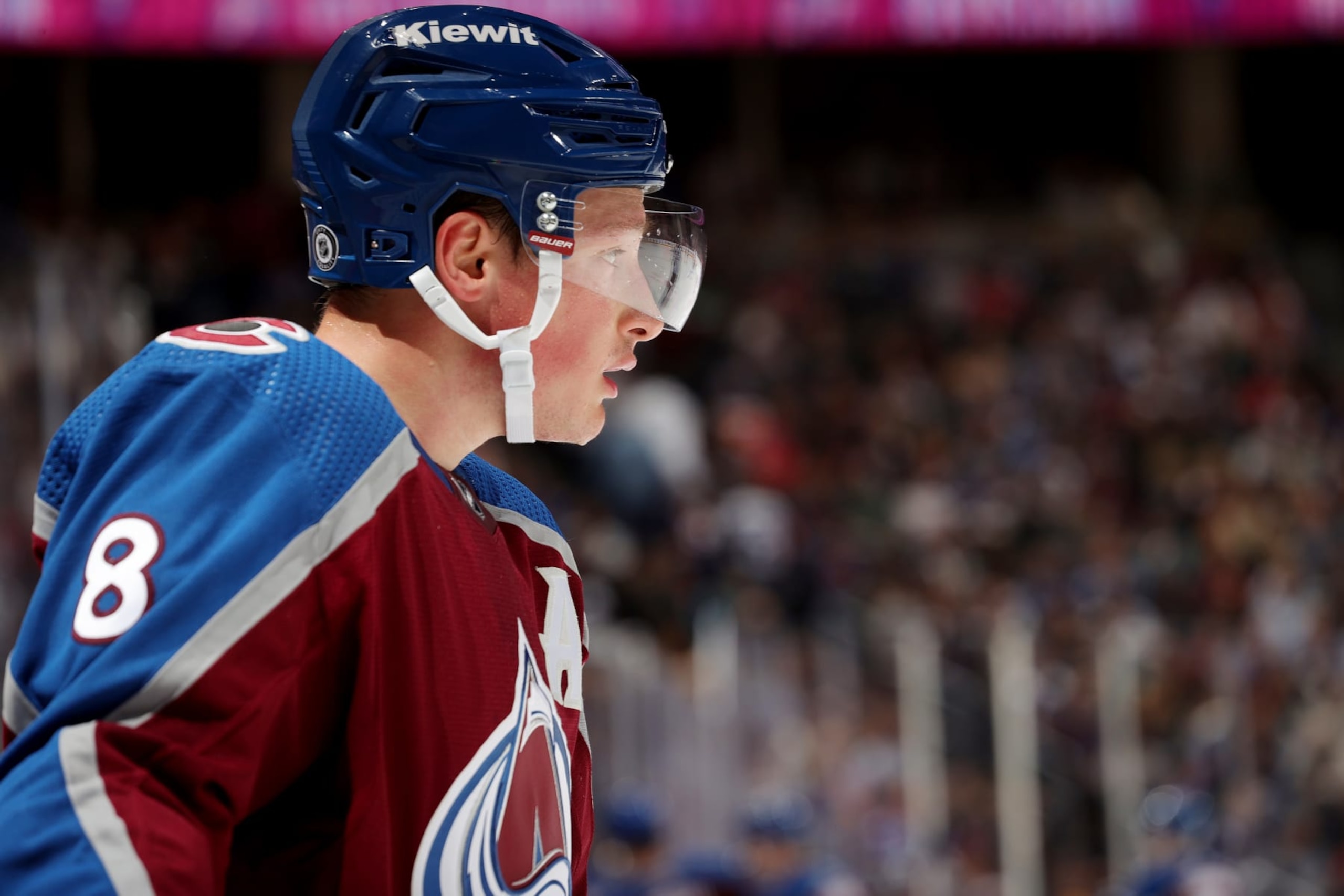 DENVER, COLORADO - OCTOBER 21: Cale Makar #8 of the Colorado Avalanche looks on during a pause in play against the Carolina Hurricanes at Ball Arena on October 21, 2023 in Denver, Colorado. (Photo by Michael Martin/NHLI via Getty Images)