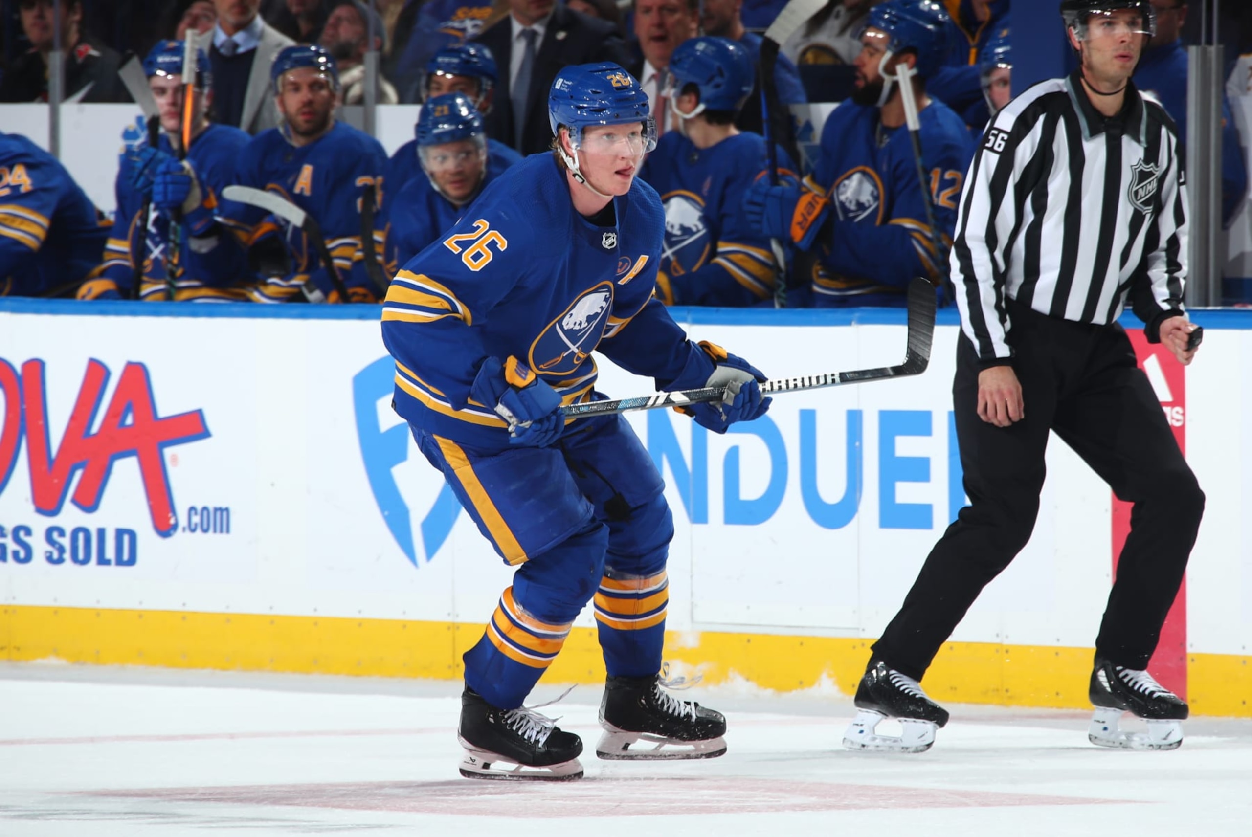 BUFFALO, NEW YORK - OCTOBER 17: Rasmus Dahlin #26 of the Buffalo Sabres skates against the Tampa Bay Lightning during an NHL game on October 17, 2023 at KeyBank Center in Buffalo, New York. (Photo by Bill Wippert/NHLI via Getty Images)