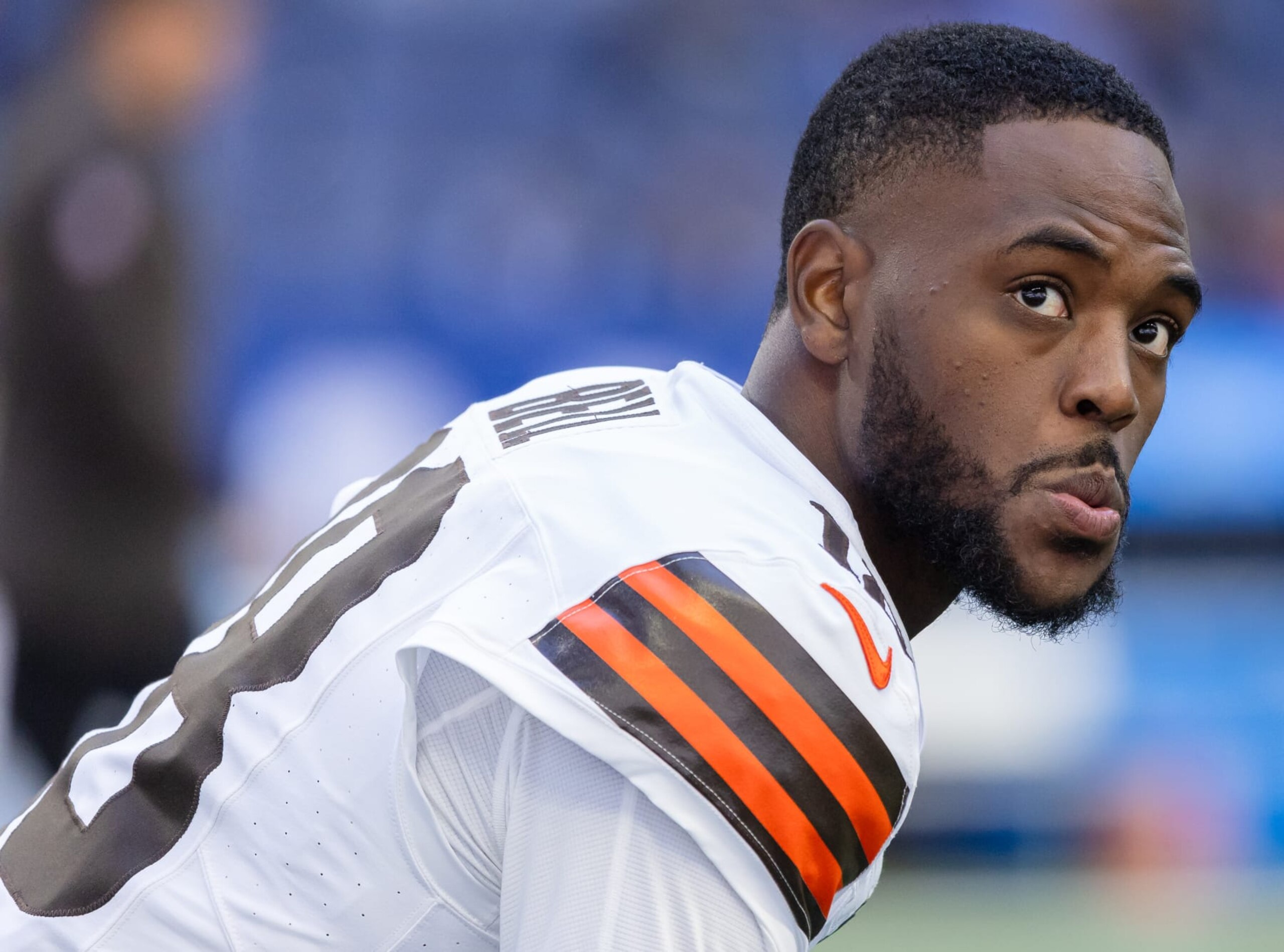 INDIANAPOLIS, INDIANA - OCTOBER 22: David Bell #18 of the Cleveland Browns is seen before the game against the Indianapolis Colts at Lucas Oil Stadium on October 22, 2023 in Indianapolis, Indiana. (Photo by Michael Hickey/Getty Images)