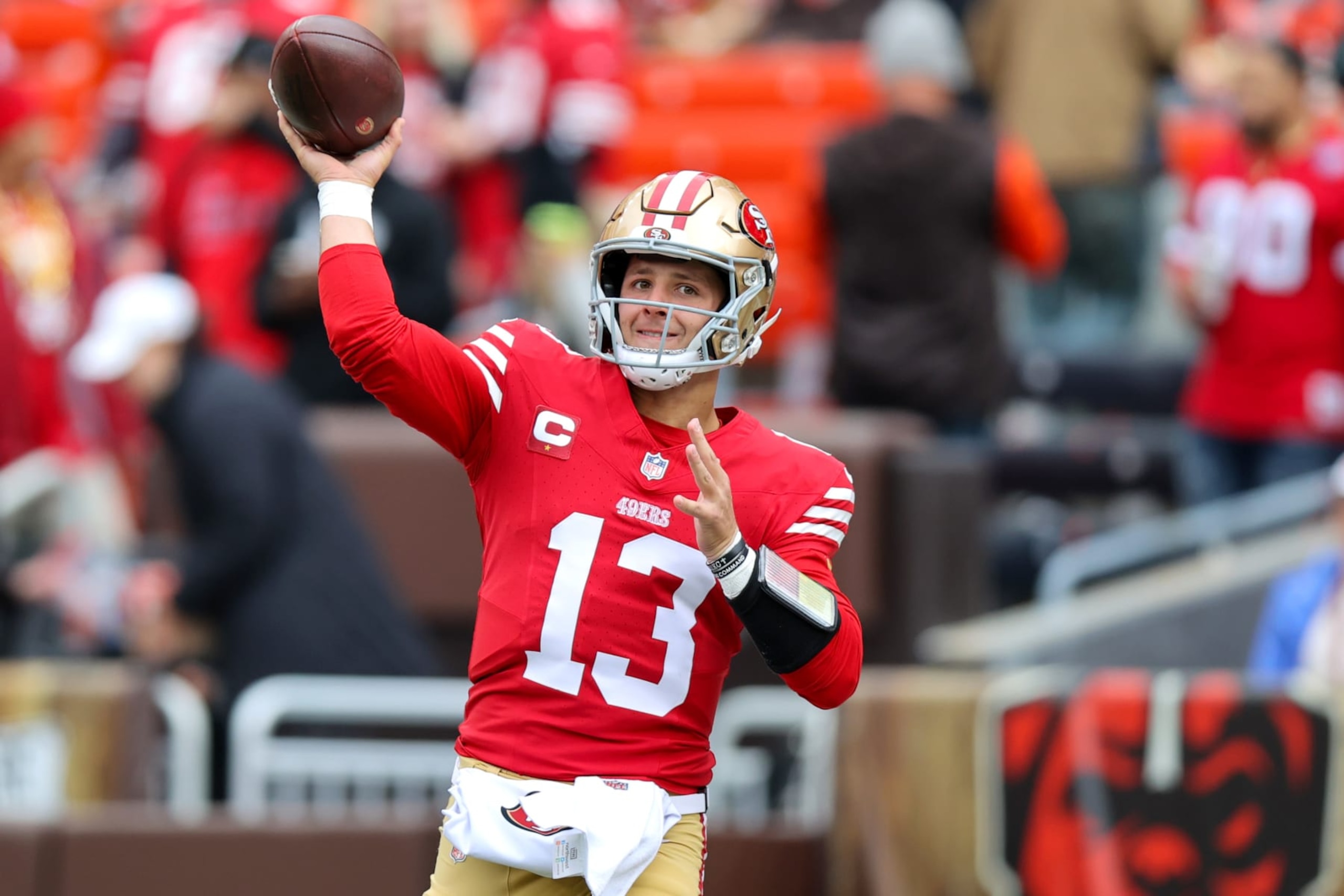 CLEVELAND, OH - OCTOBER 15: San Francisco 49ers quarterback Brock Purdy (13) on the field prior to the National Football League game between the San Francisco 49ers and Cleveland Browns on October 15, 2023, at Cleveland Browns Stadium in Cleveland, OH. (Photo by Frank Jansky/Icon Sportswire via Getty Images)