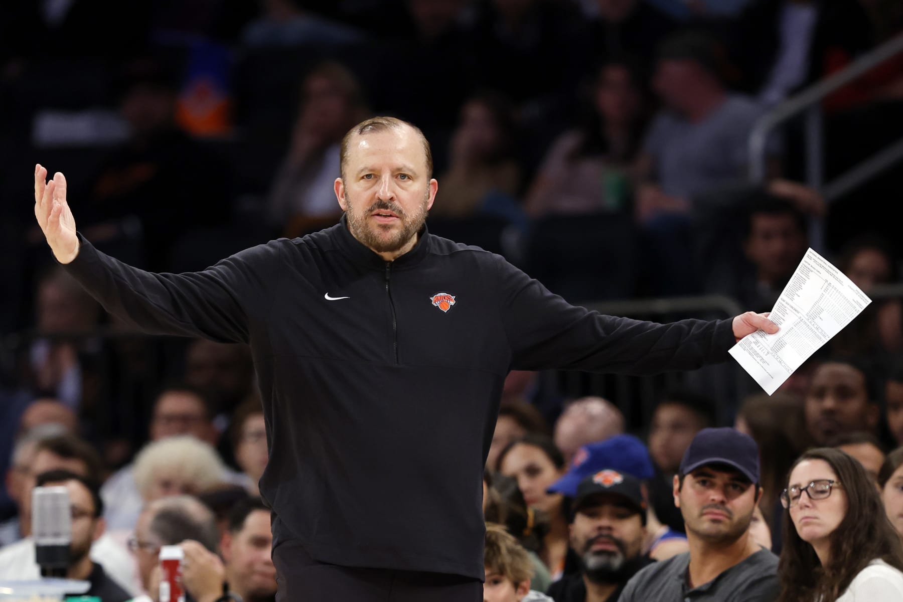 NEW YORK, NEW YORK - OCTOBER 09: Head coach Tom Thibodeau of the New York Knicks reacts during the second half of a preseason game against the Boston Celtics at Madison Square Garden on October 09, 2023 in New York City. The Knicks won 114-107. NOTE TO USER: User expressly acknowledges and agrees that, by downloading and or using this photograph, User is consenting to the terms and conditions of the Getty Images License Agreement. (Photo by Sarah Stier/Getty Images)