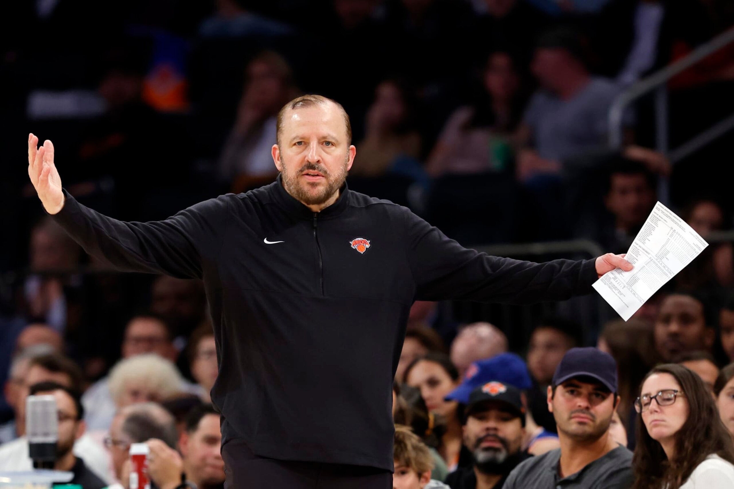 NEW YORK, NEW YORK - OCTOBER 09: Head coach Tom Thibodeau of the New York Knicks reacts during the second half of a preseason game against the Boston Celtics at Madison Square Garden on October 09, 2023 in New York City. The Knicks won 114-107. NOTE TO USER: User expressly acknowledges and agrees that, by downloading and or using this photograph, User is consenting to the terms and conditions of the Getty Images License Agreement. (Photo by Sarah Stier/Getty Images)