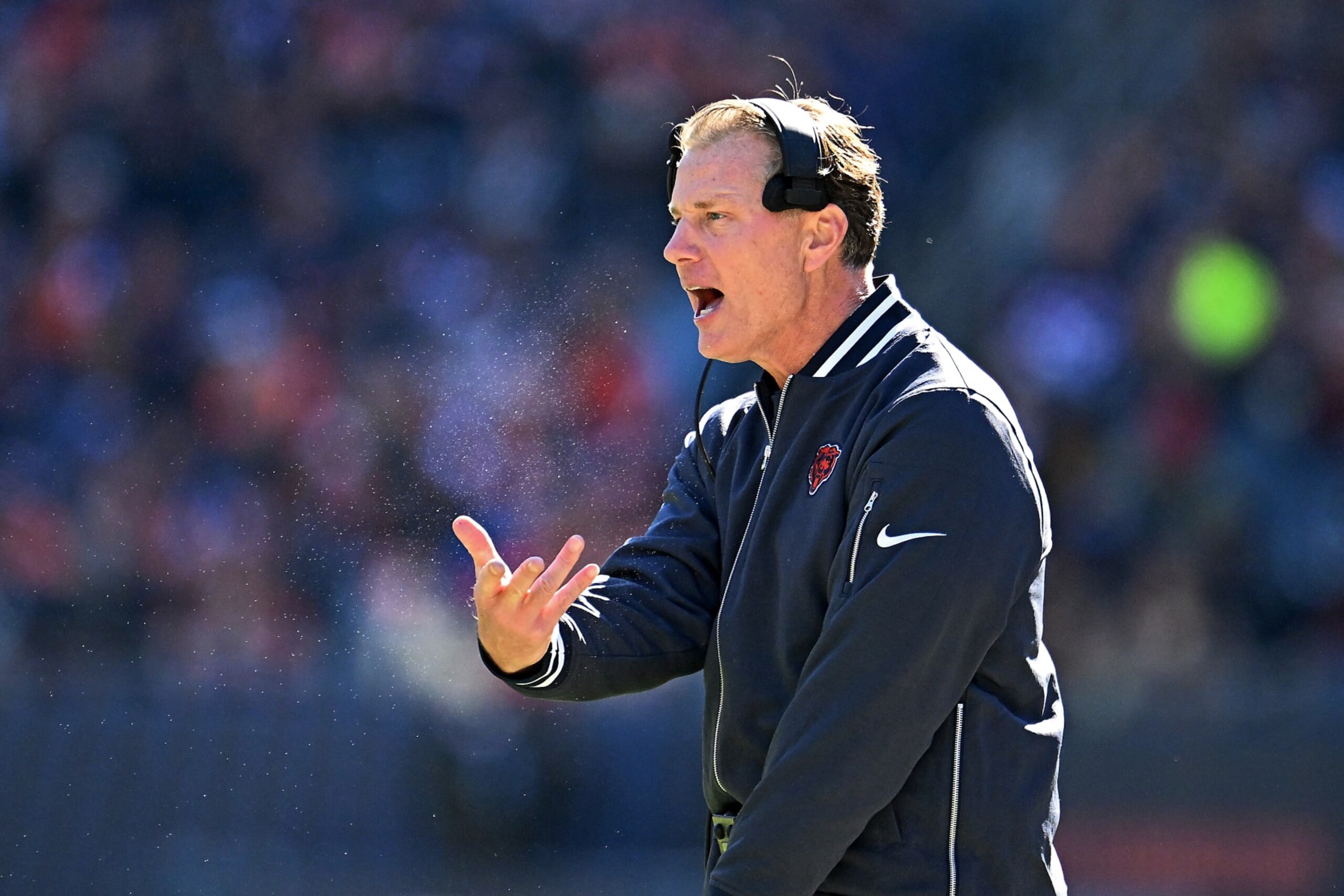 CHICAGO, ILLINOIS - OCTOBER 22: Chicago Bears head coach Matt Eberflus reacts after a call during the second quarter against the Las Vegas Raiders at Soldier Field on October 22, 2023 in Chicago, Illinois. (Photo by Quinn Harris/Getty Images)