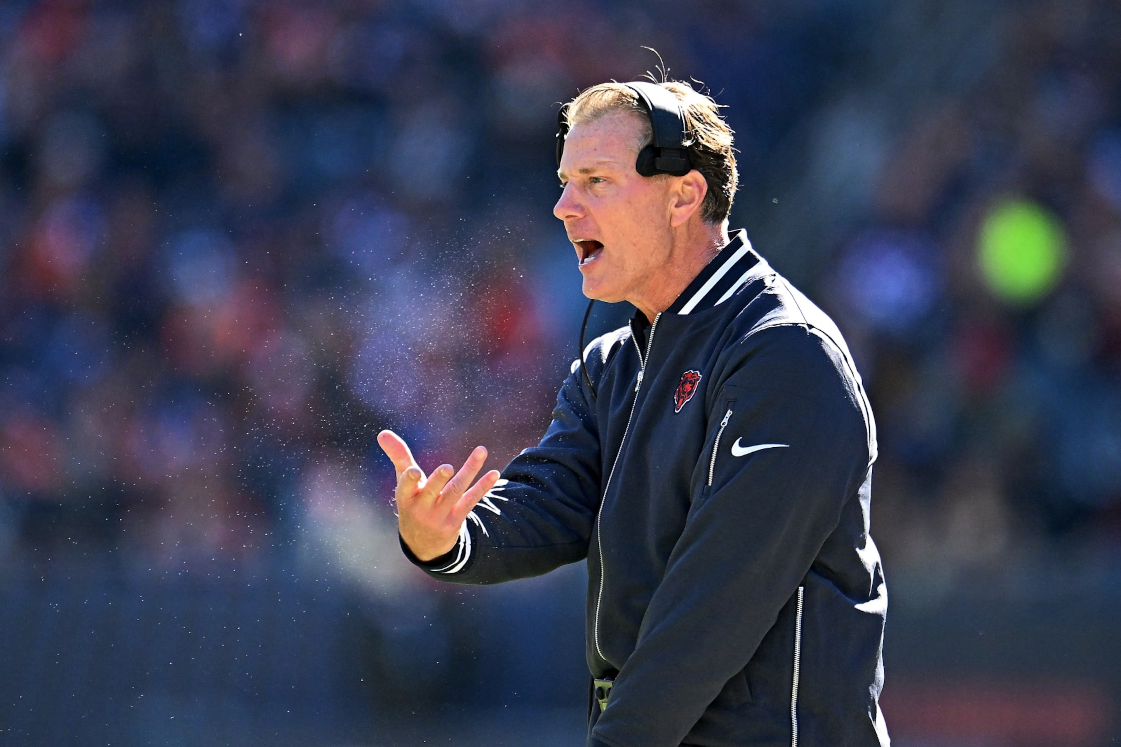 CHICAGO, ILLINOIS - OCTOBER 22: Chicago Bears head coach Matt Eberflus reacts after a call during the second quarter against the Las Vegas Raiders at Soldier Field on October 22, 2023 in Chicago, Illinois. (Photo by Quinn Harris/Getty Images)