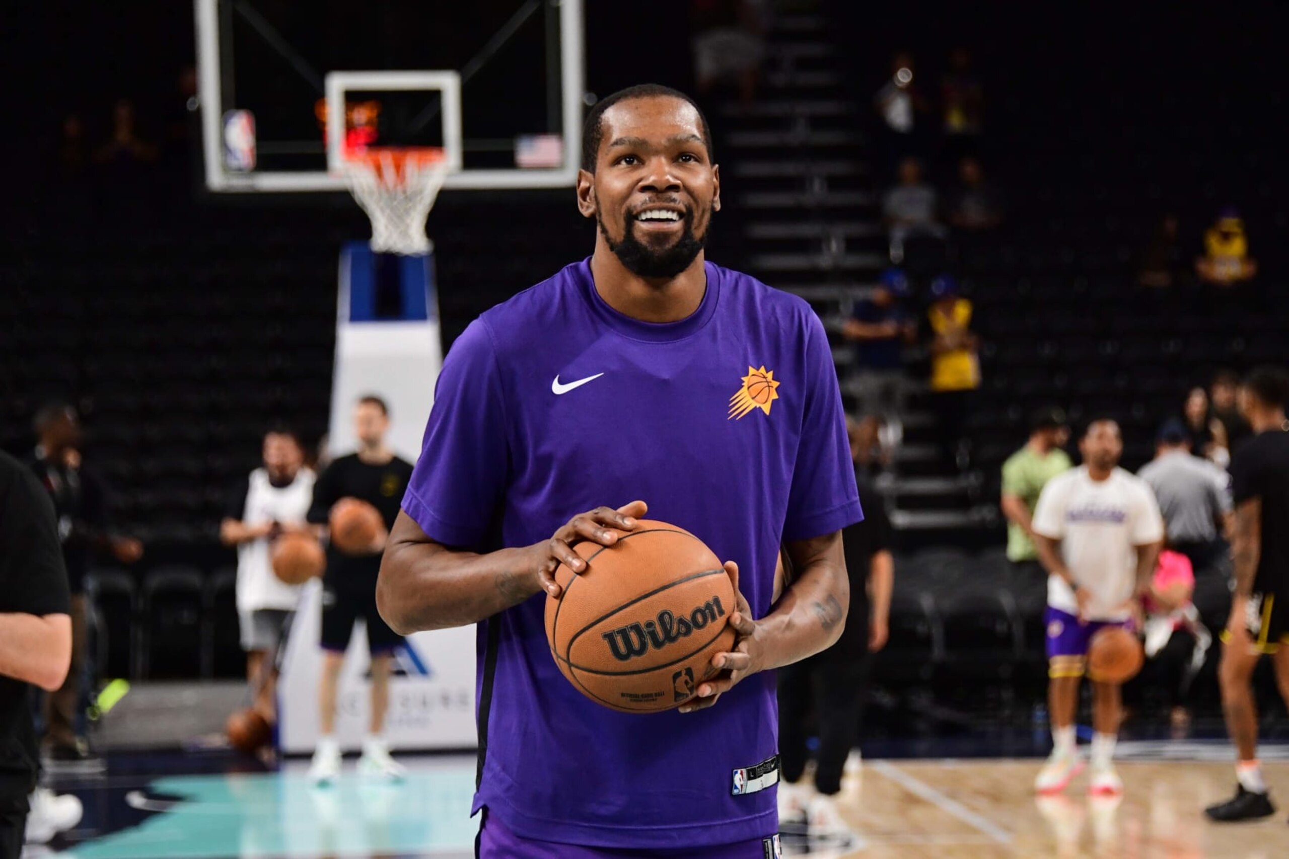 PALM SPRINGS, CA - OCTOBER 19: Kevin Durant #35 of the Phoenix Suns warms up before the game against the Los Angeles Lakers on October 19, 2023 at the Acrisure Arena in Palm Springs, California. NOTE TO USER: User expressly acknowledges and agrees that, by downloading and/or using this Photograph, user is consenting to the terms and conditions of the Getty Images License Agreement. Mandatory Copyright Notice: Copyright 2023 NBAE (Photo by Adam Pantozzi/NBAE via Getty Images)