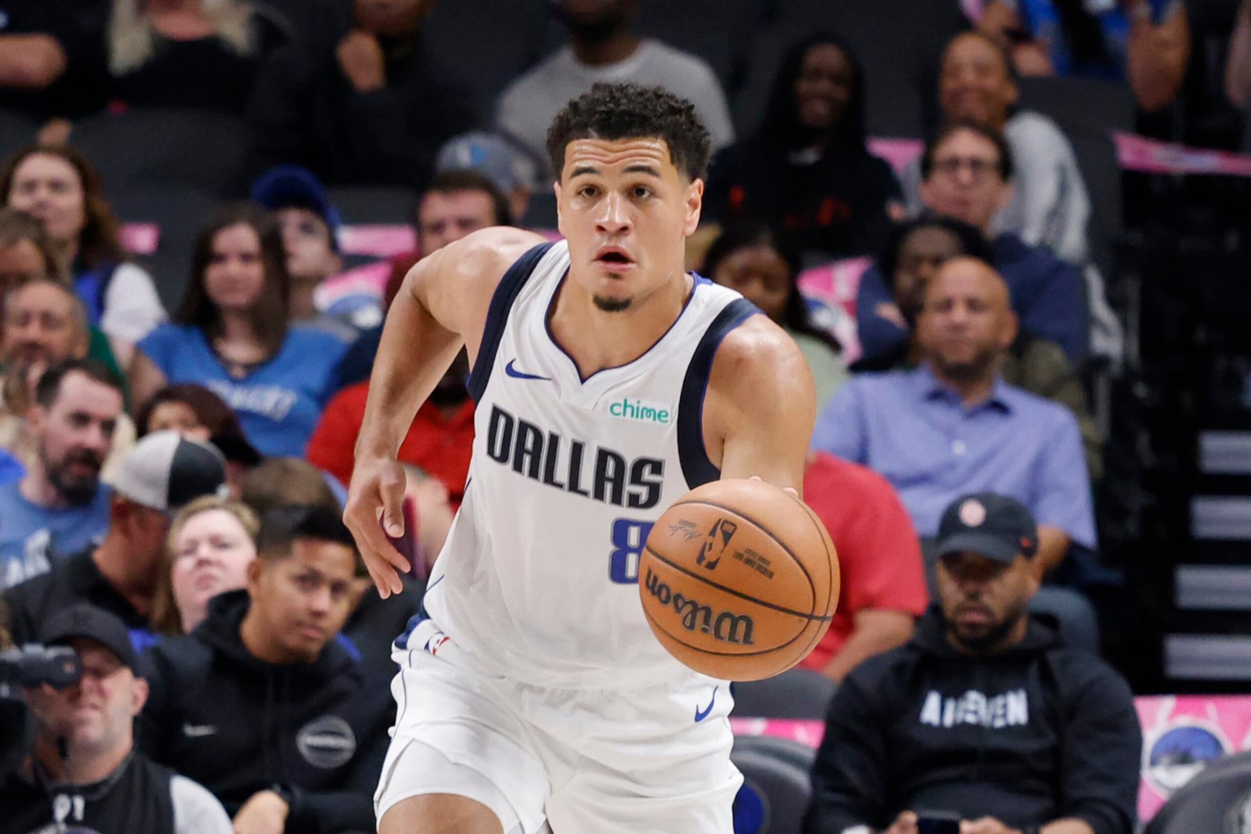 Dallas Mavericks guard Josh Green (8) advances the ball during the second half of an NBA preseason basketball game in Dallas, Friday, Oct. 20, 2023. (AP Photo/Michael Ainsworth) Dallas Mavericks guard Josh Green (8) advances the ball during the second half of an NBA preseason basketball game in Dallas, Friday, Oct. 20, 2023. (AP Photo/Michael Ainsworth)