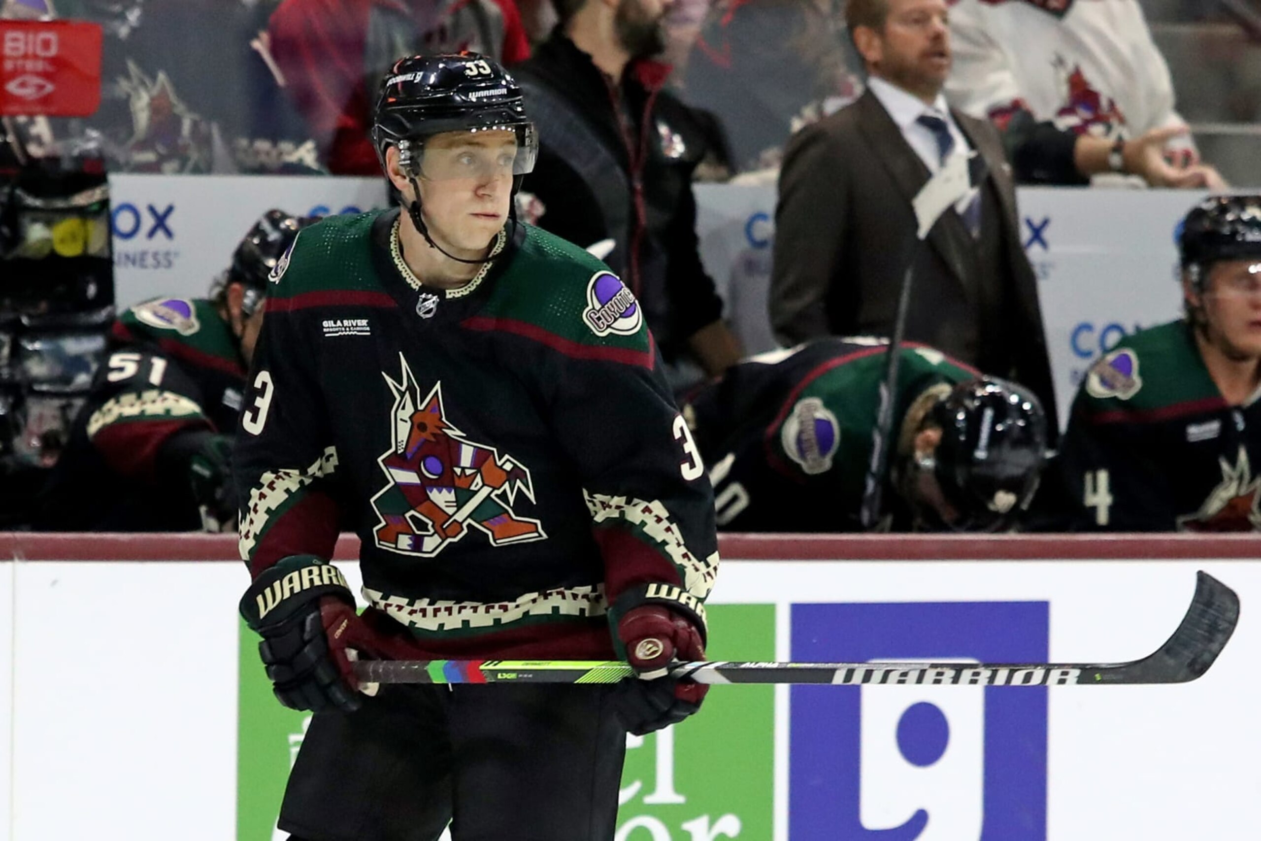 TEMPE, ARIZONA - OCTOBER 21: Travis Dermott #33 of the Arizona Coyotes skates on the ice with pride tape at Mullett Arena on October 21, 2023 in Tempe, Arizona. (Photo by Zac BonDurant/Getty Images) TEMPE, ARIZONA - OCTOBER 21: Travis Dermott #33 of the Arizona Coyotes skates on the ice with pride tape at Mullett Arena on October 21, 2023 in Tempe, Arizona. (Photo by Zac BonDurant/Getty Images)