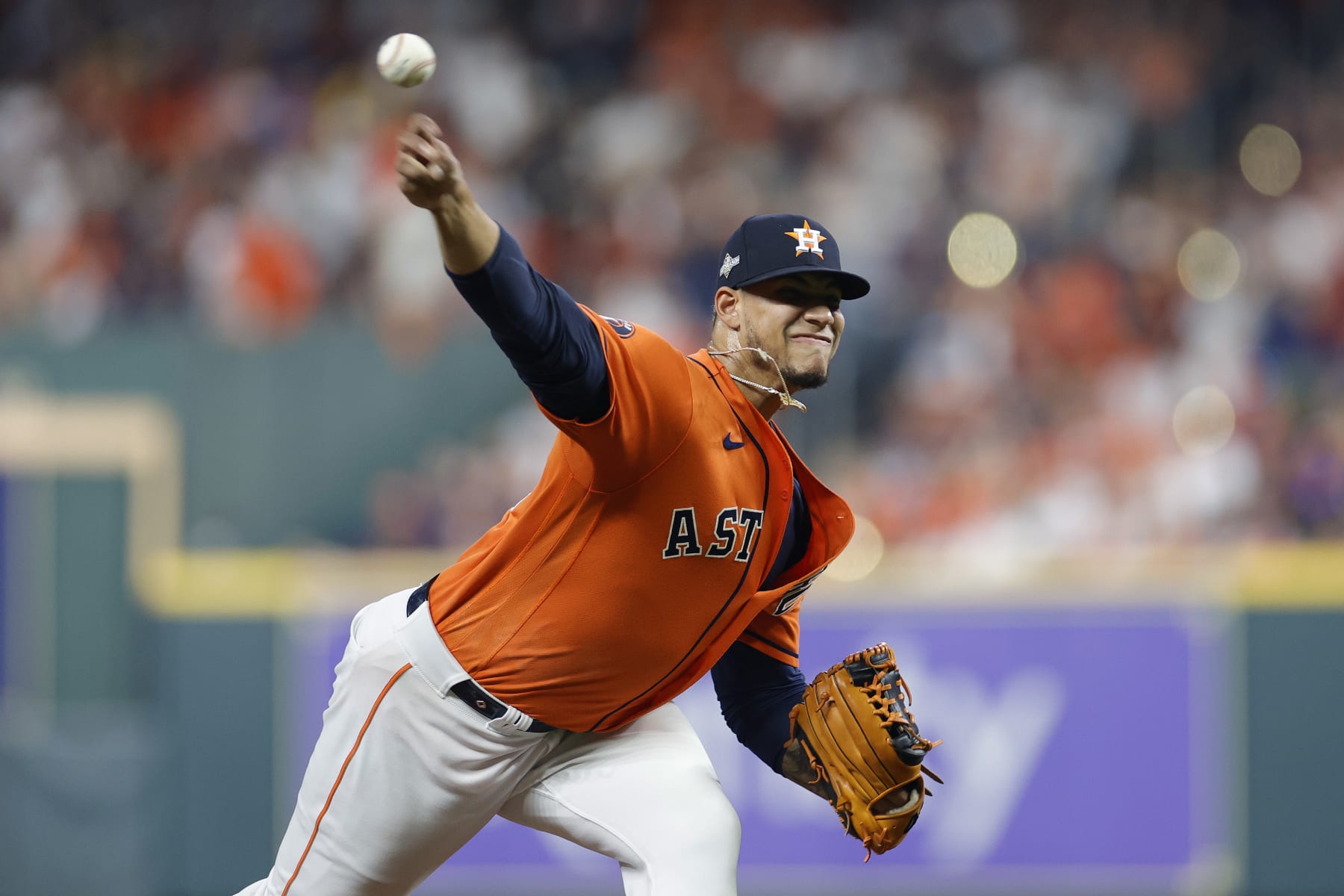 HOUSTON, TEXAS - OCTOBER 22: Bryan Abreu #52 of the Houston Astros throws a pitch against the Texas Rangers during the eighth inning in Game Six of the American League Championship Series at Minute Maid Park on October 22, 2023 in Houston, Texas. (Photo by Carmen Mandato/Getty Images)