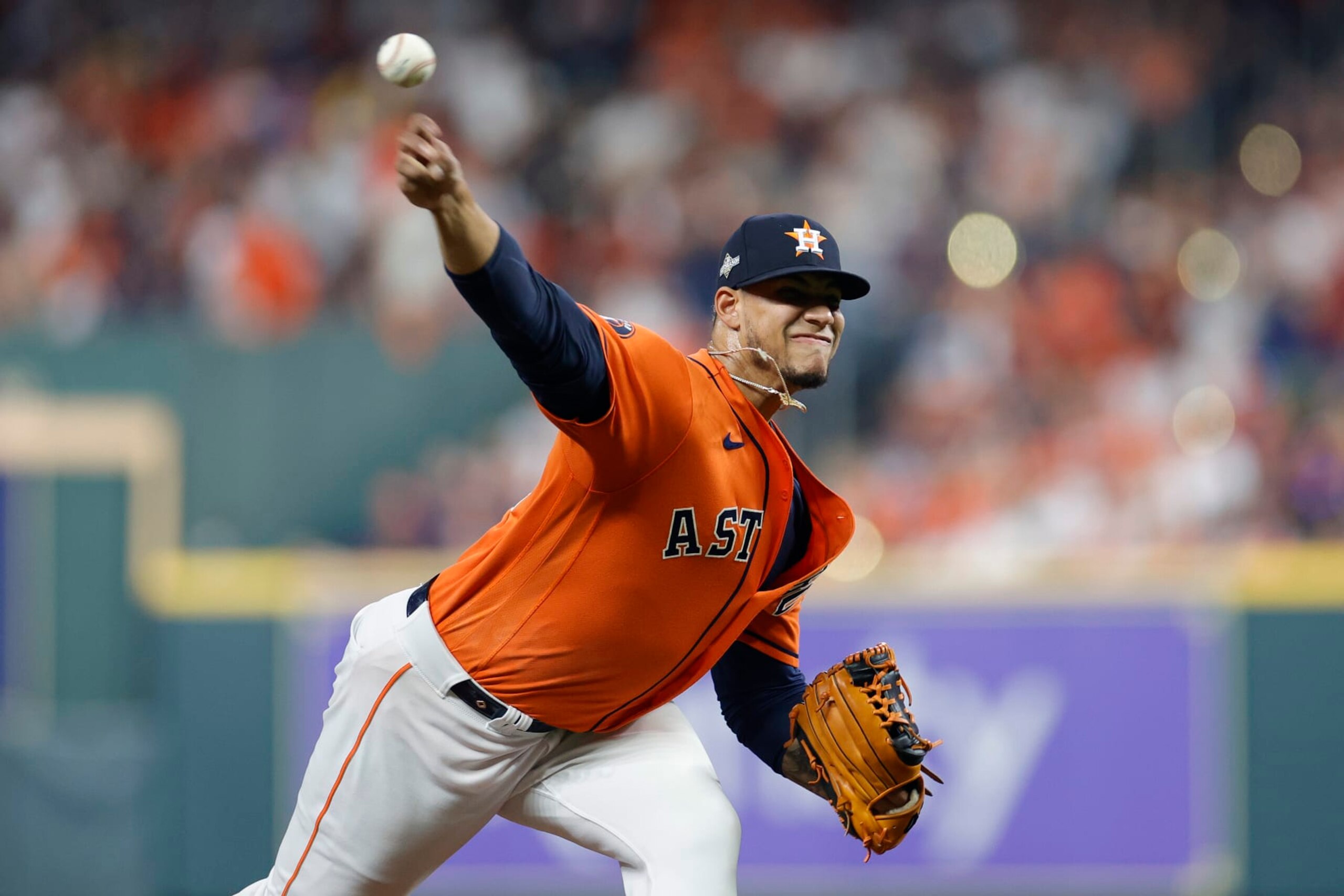 HOUSTON, TEXAS - OCTOBER 22: Bryan Abreu #52 of the Houston Astros throws a pitch against the Texas Rangers during the eighth inning in Game Six of the American League Championship Series at Minute Maid Park on October 22, 2023 in Houston, Texas. (Photo by Carmen Mandato/Getty Images)