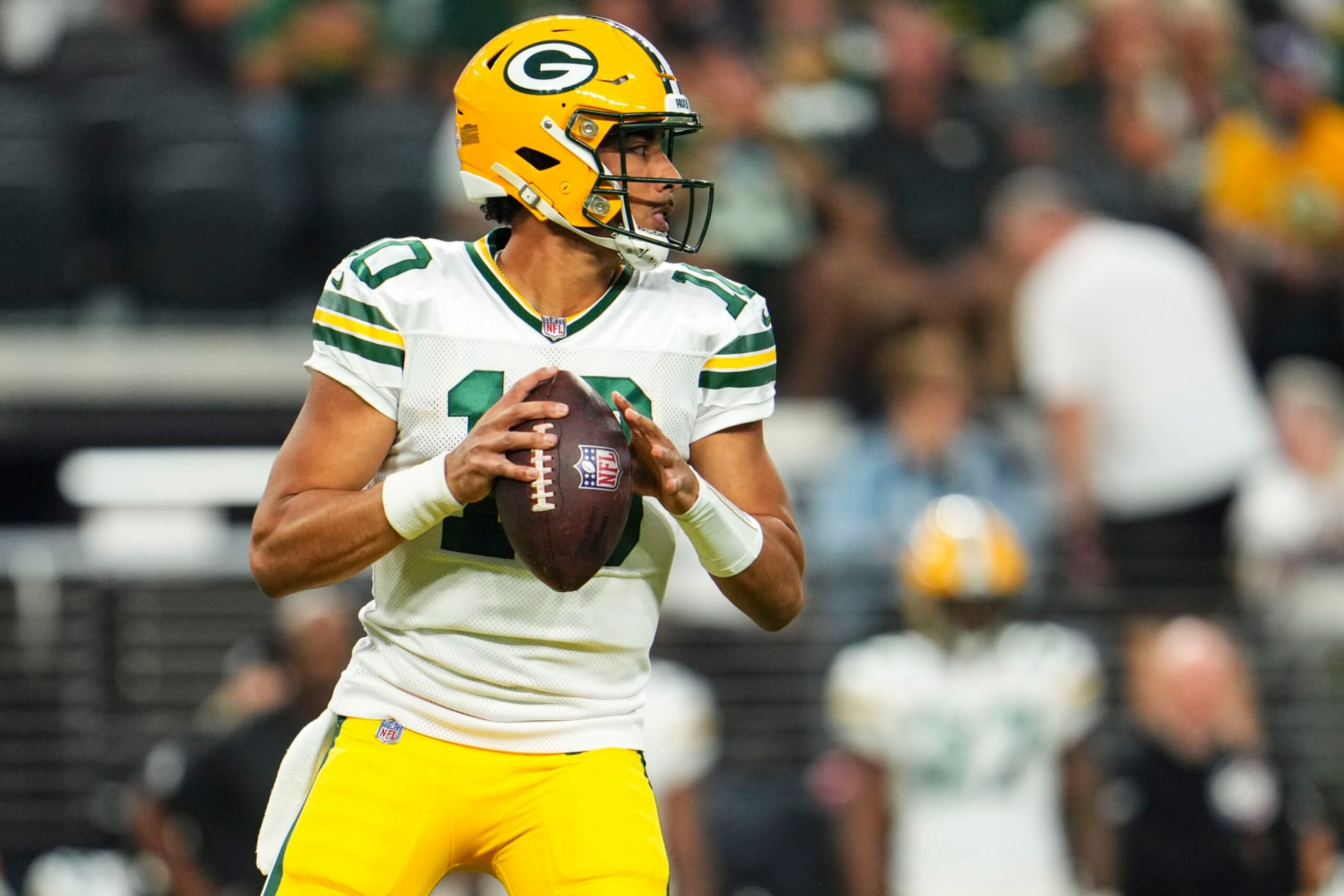 LAS VEGAS, NV - OCTOBER 09: Jordan Love #10 of the Green Bay Packers drops back to pass during an NFL football game against the Las Vegas Raiders at Allegiant Stadium on October 9, 2023 in Las Vegas, Nevada. (Photo by Cooper Neill/Getty Images)