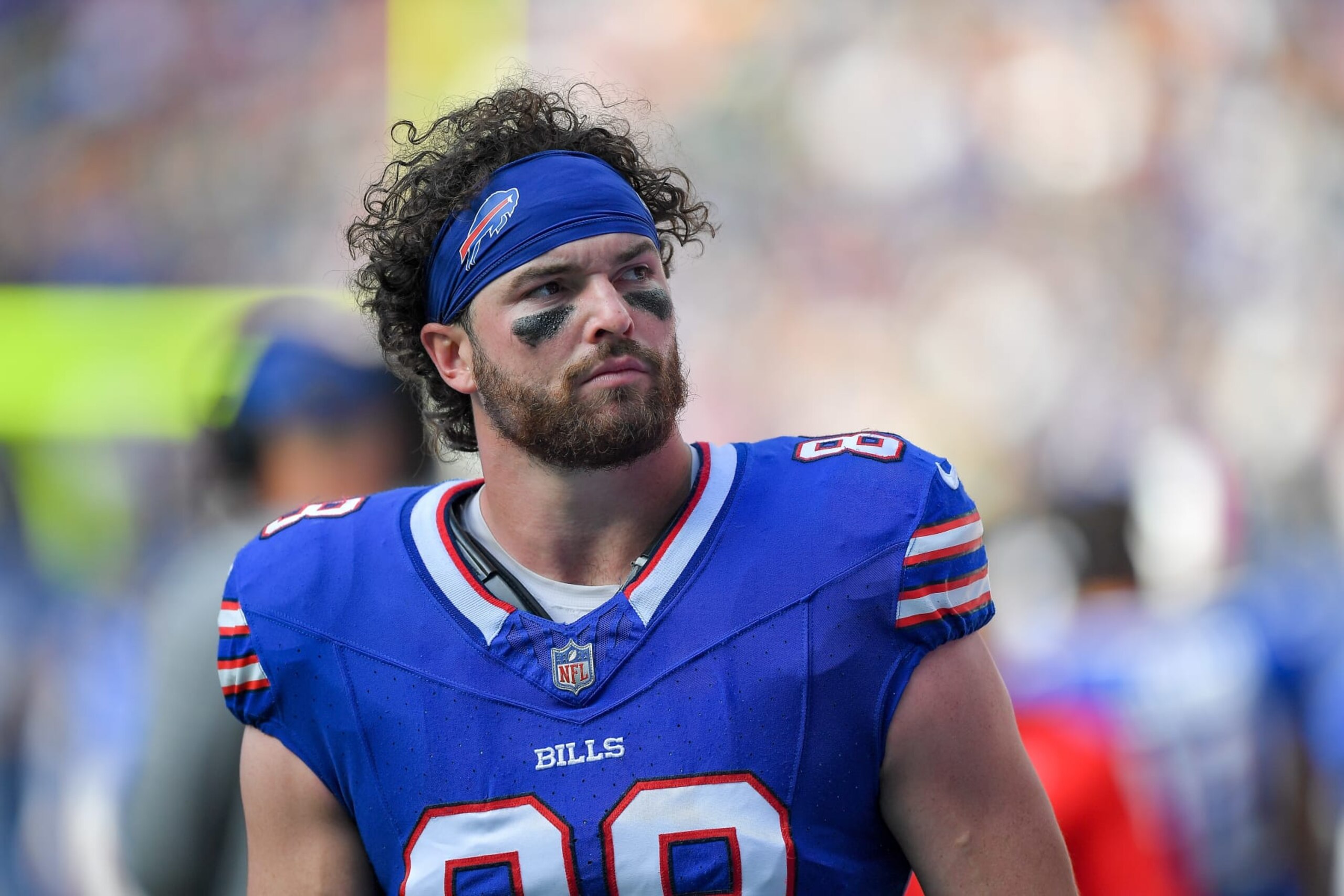 LONDON, ENGLAND - OCTOBER 8: Dawson Knox of Buffalo Bills looks on prior to the NFL match between Jacksonville Jaguars and Buffalo Bills at Tottenham Hotspur Stadium on October 8, 2023 in London, England. (Photo by Vincent Mignott/DeFodi Images via Getty Images)