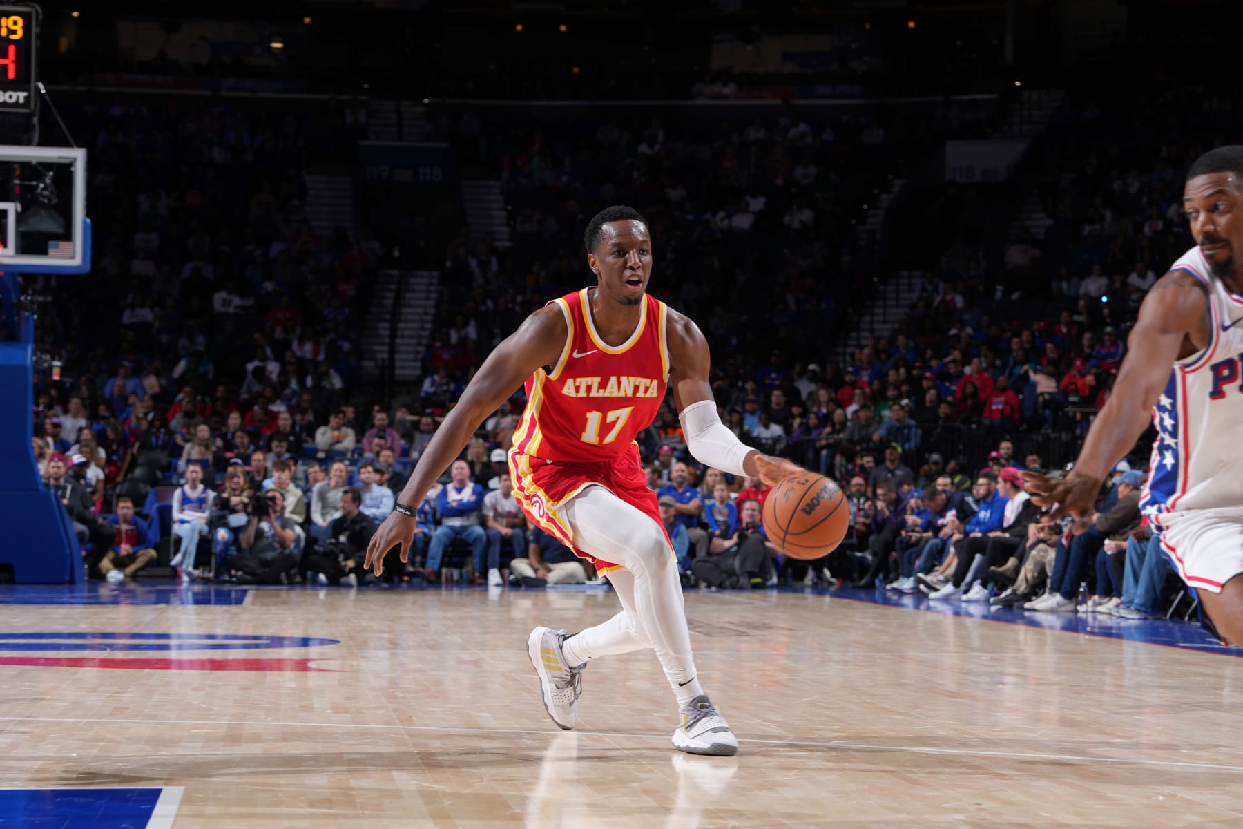 PHILADELPHIA, PA - OCTOBER 20: Onyeka Okongwu #17 of the Atlanta Hawks dribbles the ball during the game against the Philadelphia 76ers on October 20, 2023 at the Wells Fargo Center in Philadelphia, Pennsylvania NOTE TO USER: User expressly acknowledges and agrees that, by downloading and/or using this Photograph, user is consenting to the terms and conditions of the Getty Images License Agreement. Mandatory Copyright Notice: Copyright 2023 NBAE (Photo by Jesse D. Garrabrant/NBAE via Getty Images)