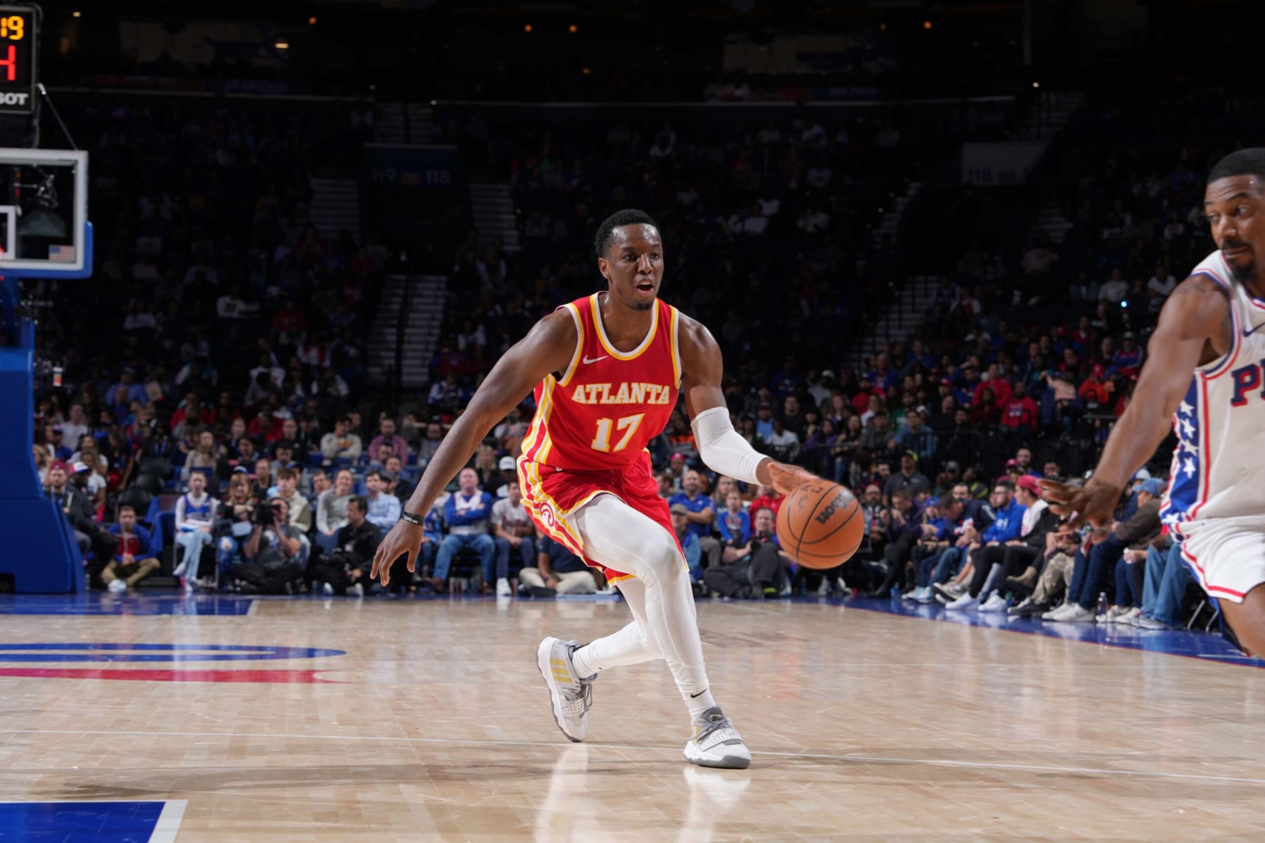 PHILADELPHIA, PA - OCTOBER 20: Onyeka Okongwu #17 of the Atlanta Hawks dribbles the ball during the game against the Philadelphia 76ers on October 20, 2023 at the Wells Fargo Center in Philadelphia, Pennsylvania NOTE TO USER: User expressly acknowledges and agrees that, by downloading and/or using this Photograph, user is consenting to the terms and conditions of the Getty Images License Agreement. Mandatory Copyright Notice: Copyright 2023 NBAE (Photo by Jesse D. Garrabrant/NBAE via Getty Images)