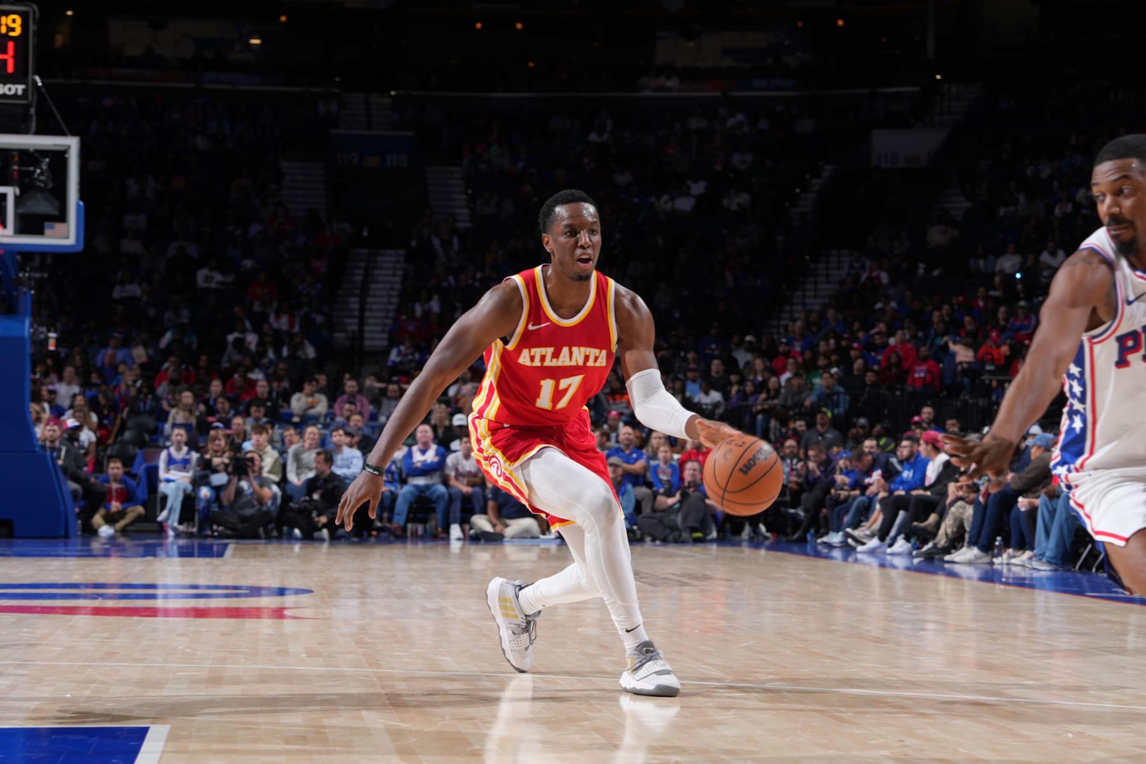 PHILADELPHIA, PA - OCTOBER 20: Onyeka Okongwu #17 of the Atlanta Hawks dribbles the ball during the game against the Philadelphia 76ers on October 20, 2023 at the Wells Fargo Center in Philadelphia, Pennsylvania NOTE TO USER: User expressly acknowledges and agrees that, by downloading and/or using this Photograph, user is consenting to the terms and conditions of the Getty Images License Agreement. Mandatory Copyright Notice: Copyright 2023 NBAE (Photo by Jesse D. Garrabrant/NBAE via Getty Images)