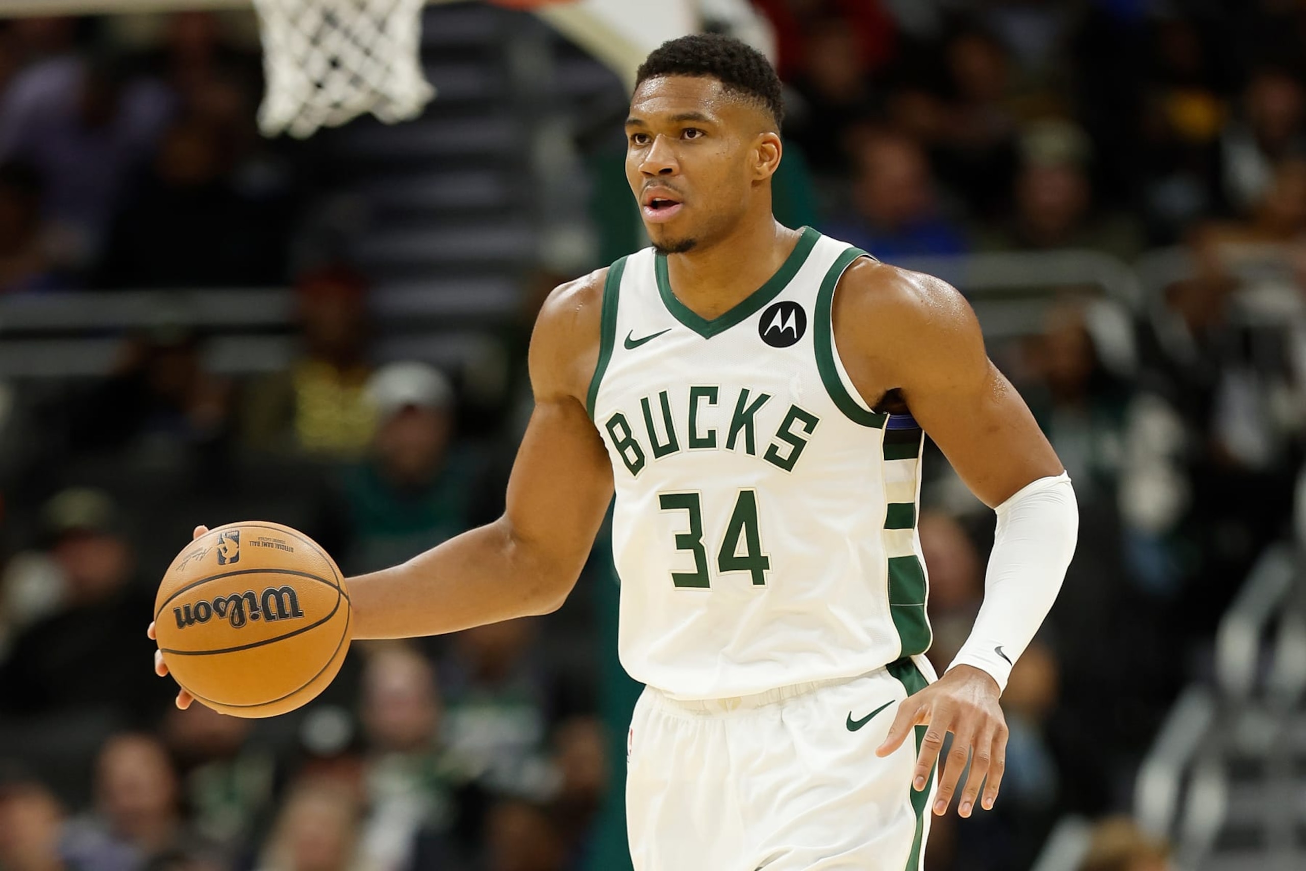 MILWAUKEE, WISCONSIN - OCTOBER 20: Giannis Antetokounmpo #34 of the Milwaukee Bucks dribbles up court during the preseason game against the Memphis Grizzlies at Fiserv Forum on October 20, 2023 in Milwaukee, Wisconsin. NOTE TO USER: User expressly acknowledges and agrees that, by downloading and or using this photograph, User is consenting to the terms and conditions of the Getty Images License Agreement. (Photo by John Fisher/Getty Images) MILWAUKEE, WISCONSIN - OCTOBER 20: Giannis Antetokounmpo #34 of the Milwaukee Bucks dribbles up court during the preseason game against the Memphis Grizzlies at Fiserv Forum on October 20, 2023 in Milwaukee, Wisconsin. NOTE TO USER: User expressly acknowledges and agrees that, by downloading and or using this photograph, User is consenting to the terms and conditions of the Getty Images License Agreement. (Photo by John Fisher/Getty Images)