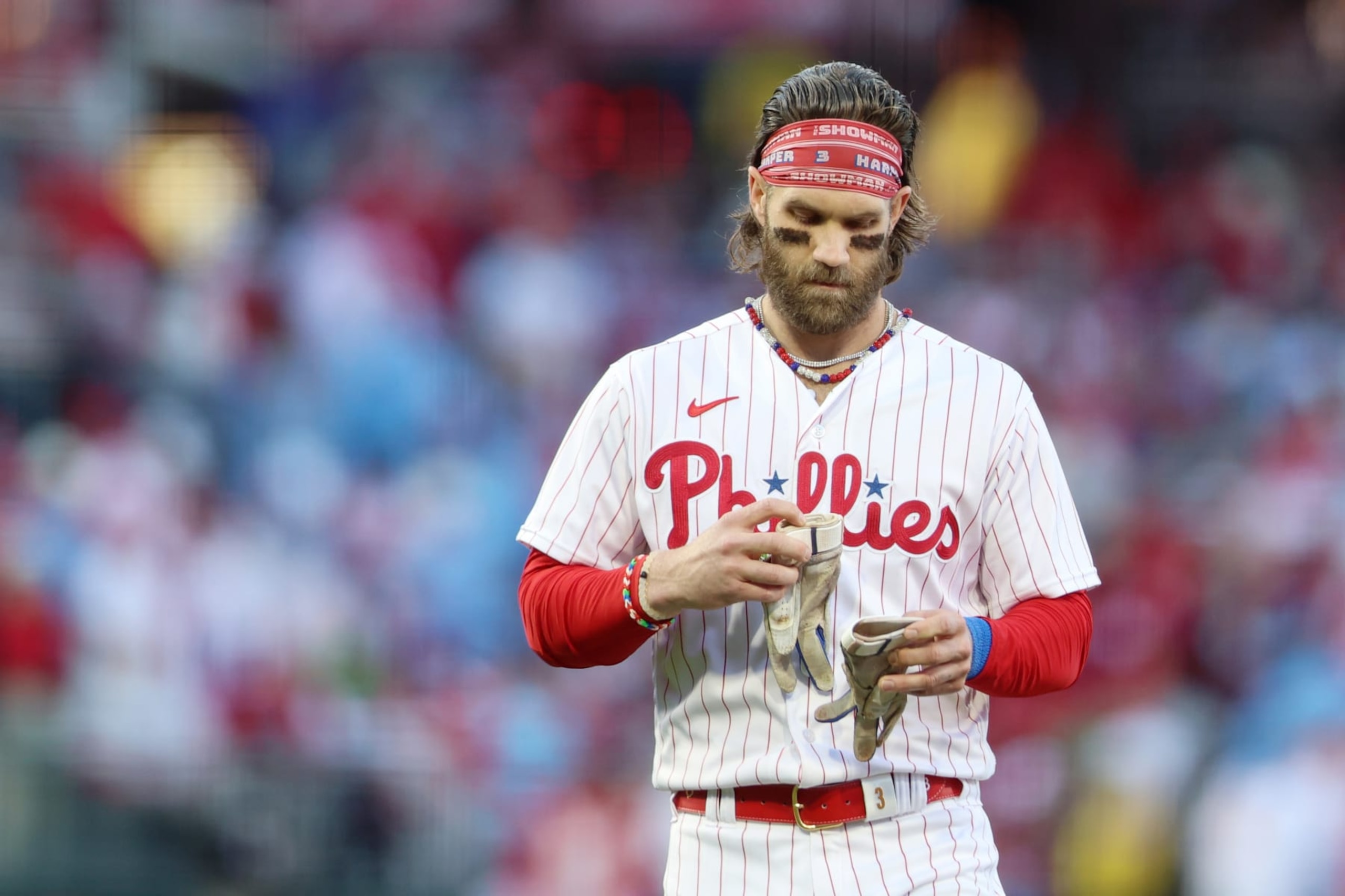 PHILADELPHIA, PA - OCTOBER 23: Bryce Harper #3 of the Philadelphia Phillies is seen on field during Game 6 of the NLCS between the Arizona Diamondbacks and the Philadelphia Phillies at Citizens Bank Park on Monday, October 23, 2023 in Philadelphia, Pennsylvania. (Photo by Rob Tringali/MLB Photos via Getty Images)