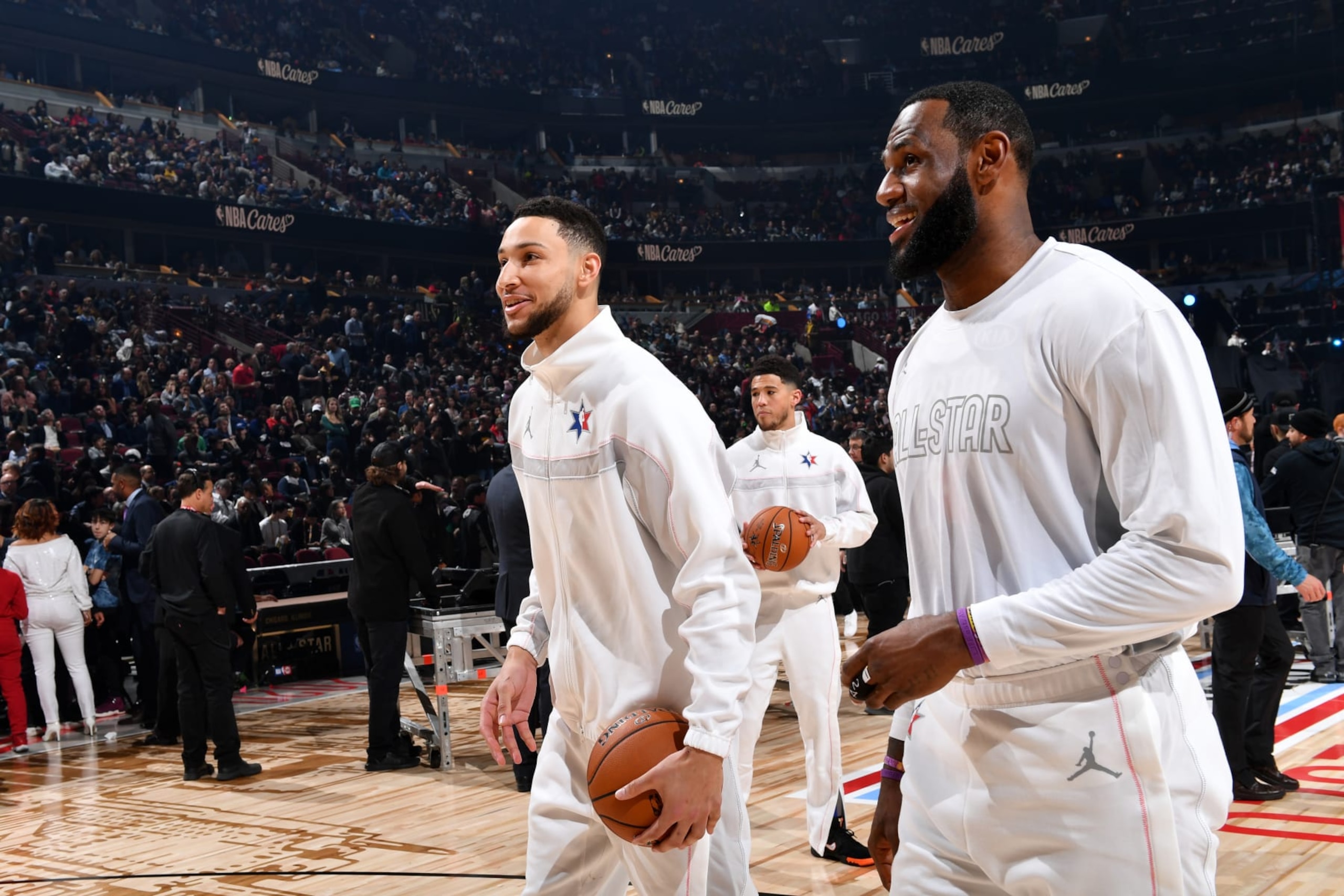 CHICAGO, IL - FEBRUARY 16: Ben Simmons #2 and LeBron James #2 of Team LeBron smile during the game during the 69th NBA All-Star Game on February 16, 2020 at the United Center in Chicago, Illinois. NOTE TO USER: User expressly acknowledges and agrees that, by downloading and or using this photograph, User is consenting to the terms and conditions of the Getty Images License Agreement. Mandatory Copyright Notice: Copyright 2020 NBAE (Photo by Jesse D. Garrabrant/NBAE via Getty Images)