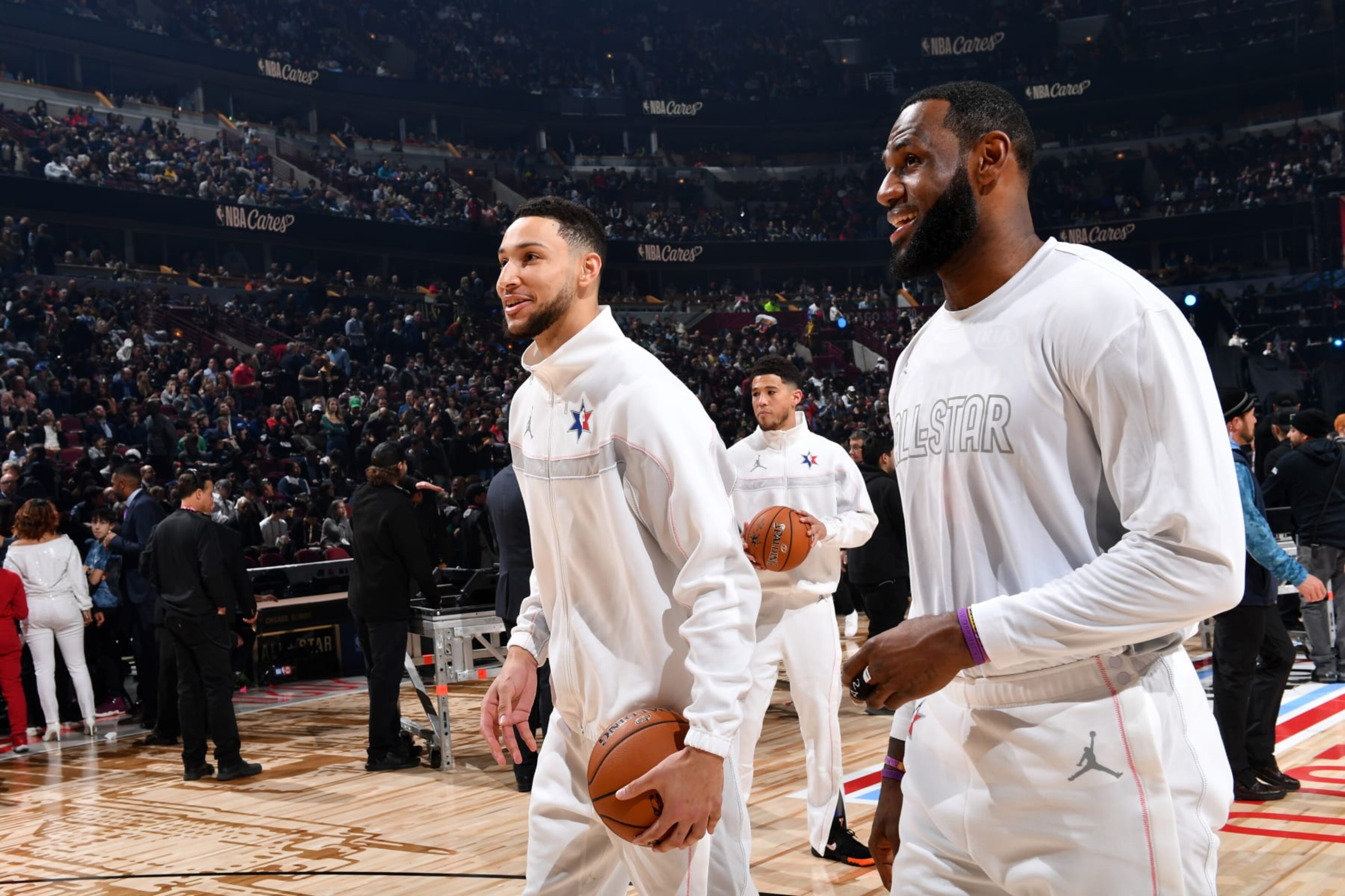 CHICAGO, IL - FEBRUARY 16: Ben Simmons #2 and LeBron James #2 of Team LeBron smile during the game during the 69th NBA All-Star Game on February 16, 2020 at the United Center in Chicago, Illinois. NOTE TO USER: User expressly acknowledges and agrees that, by downloading and or using this photograph, User is consenting to the terms and conditions of the Getty Images License Agreement. Mandatory Copyright Notice: Copyright 2020 NBAE (Photo by Jesse D. Garrabrant/NBAE via Getty Images) CHICAGO, IL - FEBRUARY 16: Ben Simmons #2 and LeBron James #2 of Team LeBron smile during the game during the 69th NBA All-Star Game on February 16, 2020 at the United Center in Chicago, Illinois. NOTE TO USER: User expressly acknowledges and agrees that, by downloading and or using this photograph, User is consenting to the terms and conditions of the Getty Images License Agreement. Mandatory Copyright Notice: Copyright 2020 NBAE (Photo by Jesse D. Garrabrant/NBAE via Getty Images)
