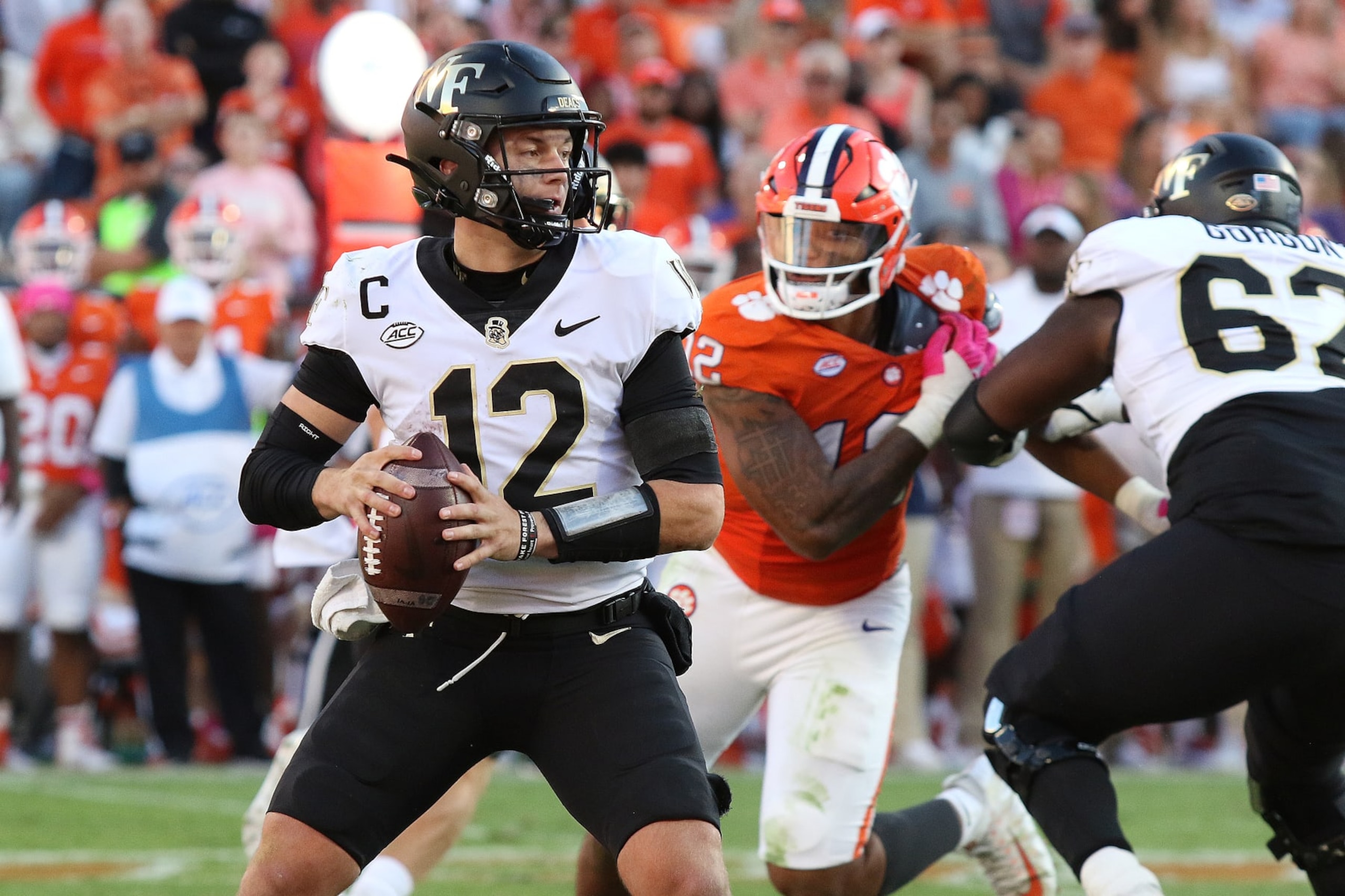 CLEMSON, SC - OCTOBER 07: Wake Forest Demon Deacons quarterback Mitch Griffis (12) during a college football game between the Wake Forest Demon Deacons on October 7, 2023 at Clemson Memorial Stadium in Clemson, S.C. (Photo by John Byrum/Icon Sportswire via Getty Images)