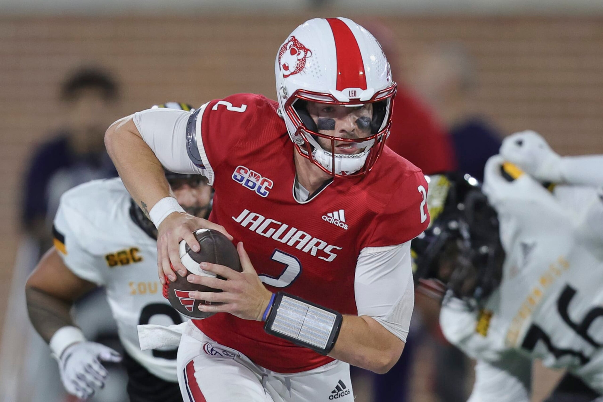MOBILE, AL - OCTOBER 17: South Alabama Jaguars quarterback Carter Bradley (2) escapes the rush during a college football game between the Southern Miss Golden Eagles and the South Alabama Jaguars on October 17, 2023, at Hancock-Whitney Stadium, Mobile, Alabama. (Photo by Bobby McDuffie/Icon Sportswire via Getty Images)